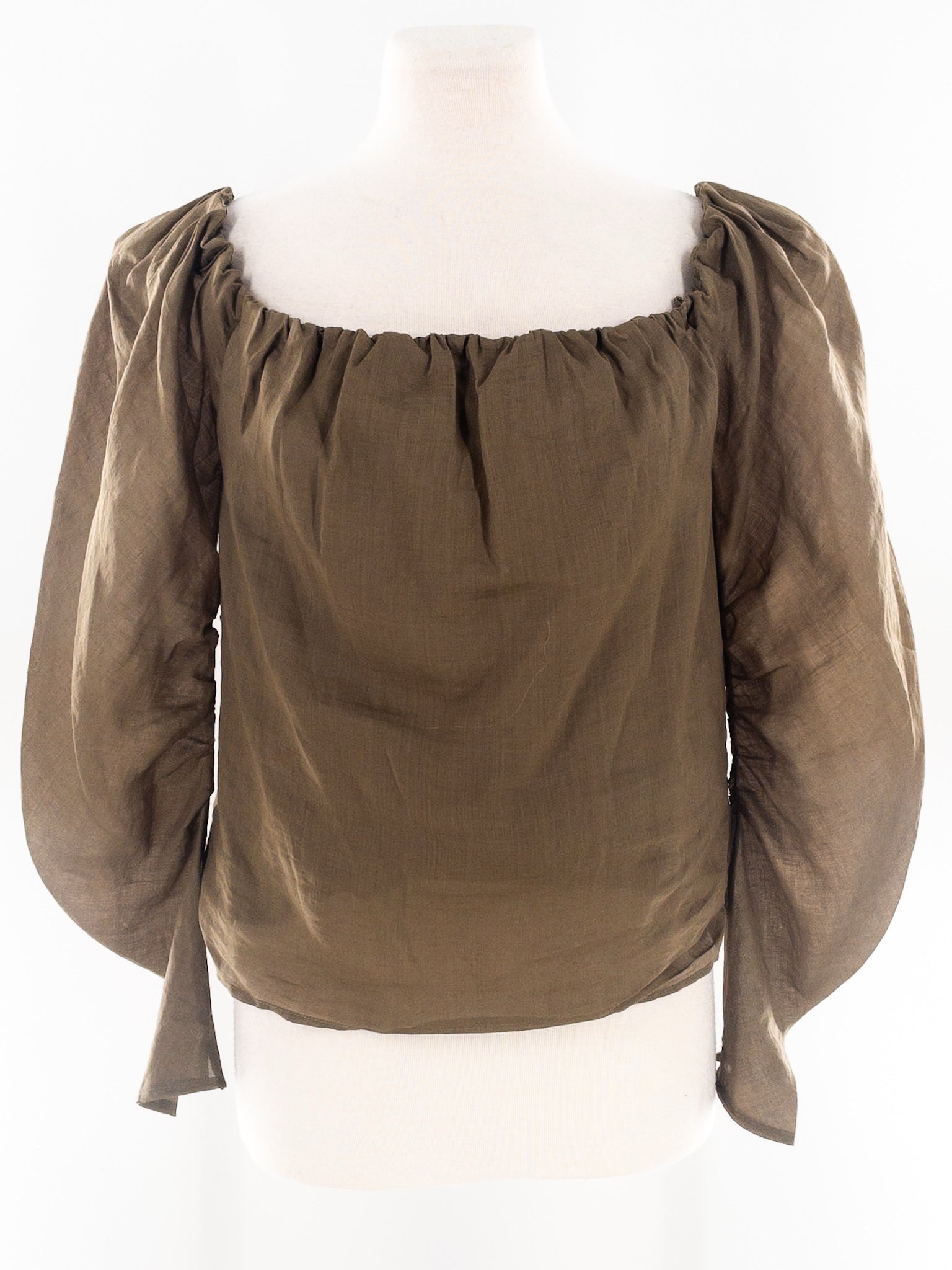 Frame Olive Scoop Neck Linen Ruched Sleeve Size XS Blouse
