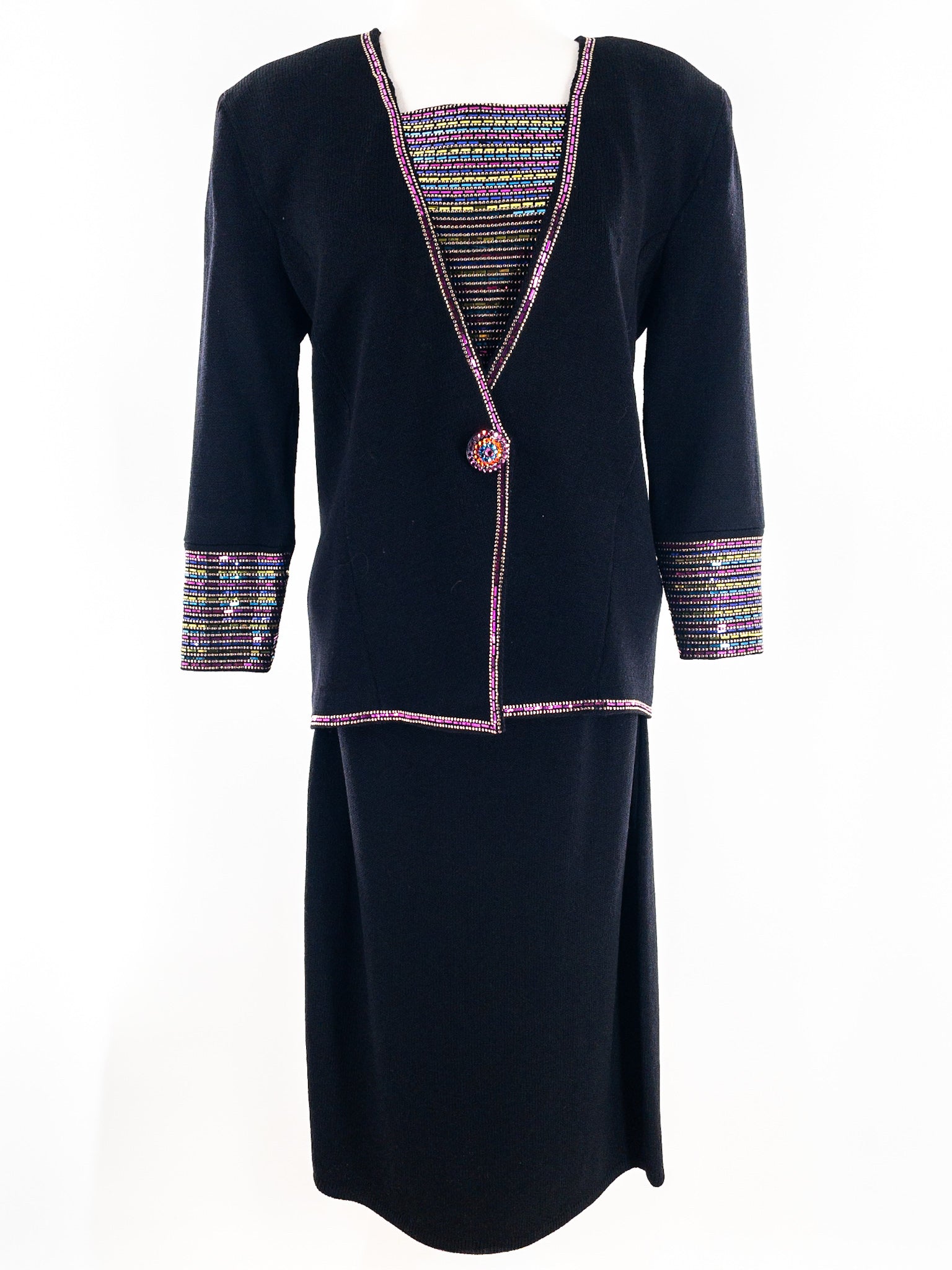 St. John Black Multi Sequin Knit Size 10 Skirt Suit