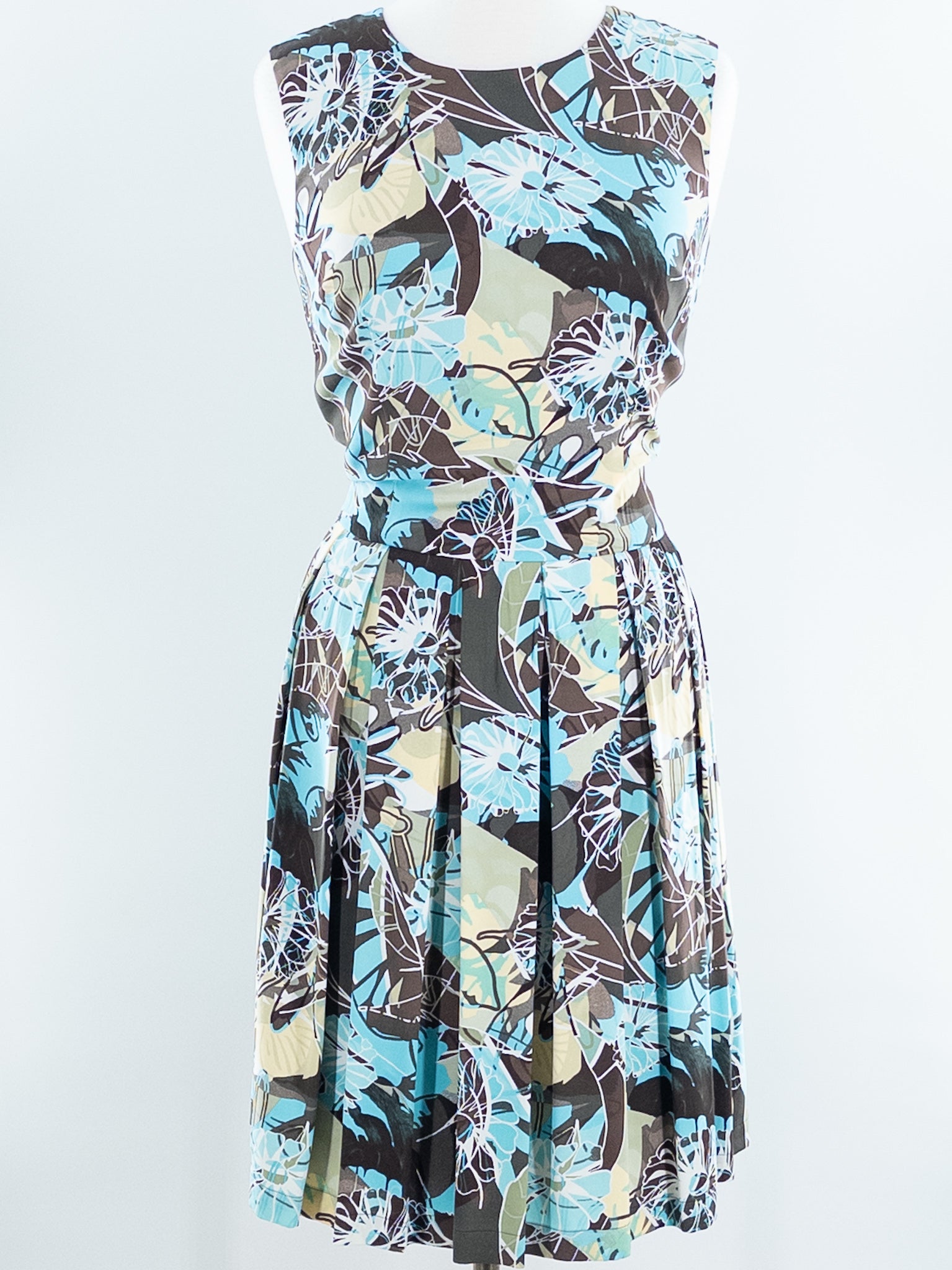 St. John Brown Teal Floral Silk Blend Sleeveless Size 6 Dress
