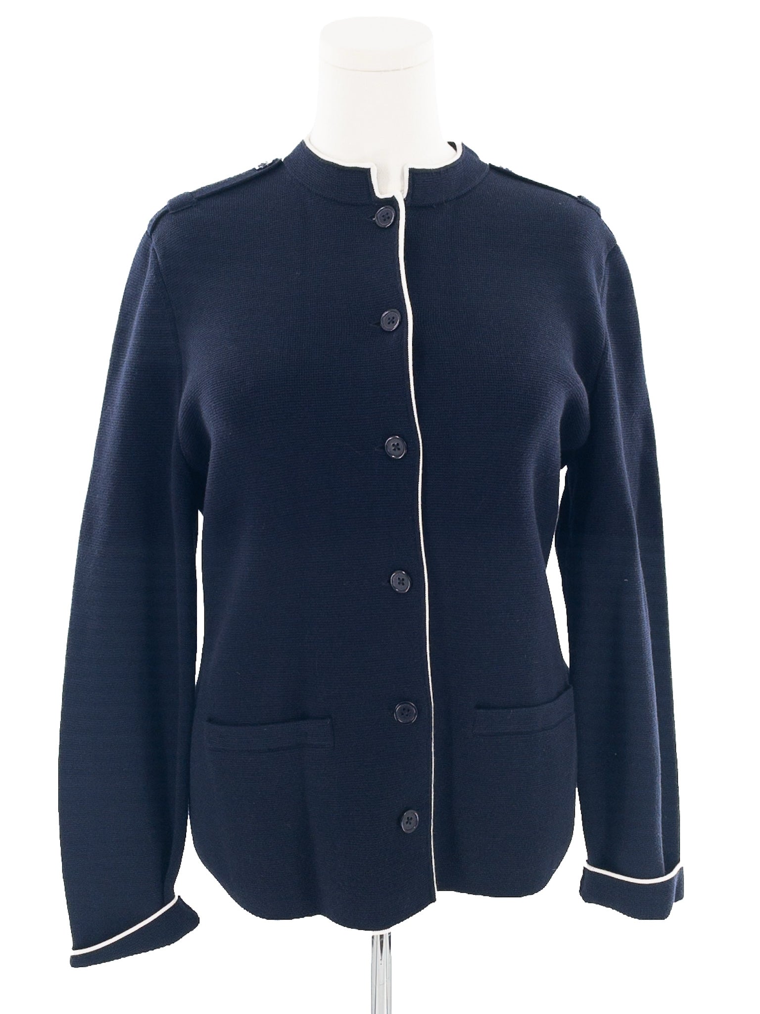 Talbots Navy White Piping Cotton Blend Size L Cardigan