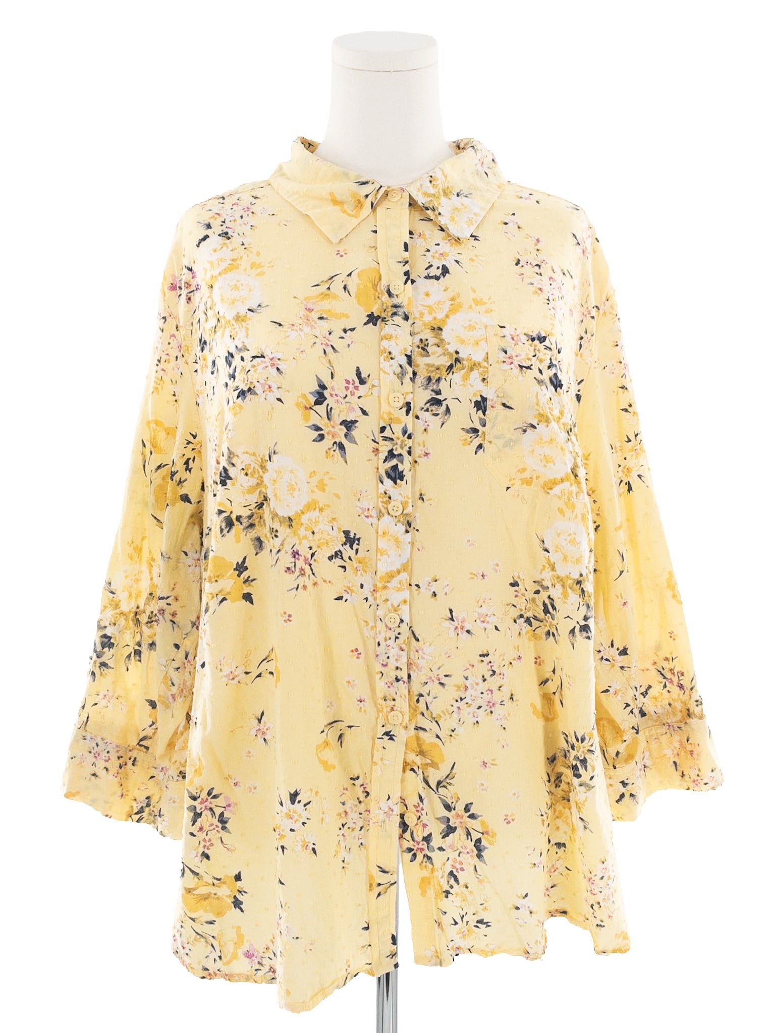 Karen Scott Yellow Multi Floral Cotton Long Sleeve Size 2XL Blouse