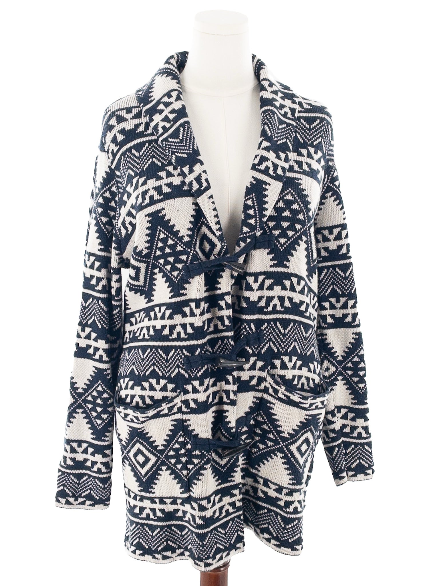 Chaps Navy Cream Aztec Cotton Blend Size L Cardigan