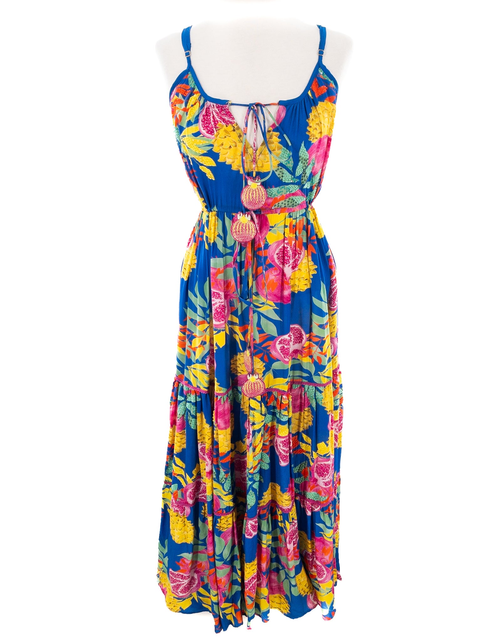 Taj Multi-Color Fruit Spaghetti Strap Size M Maxi