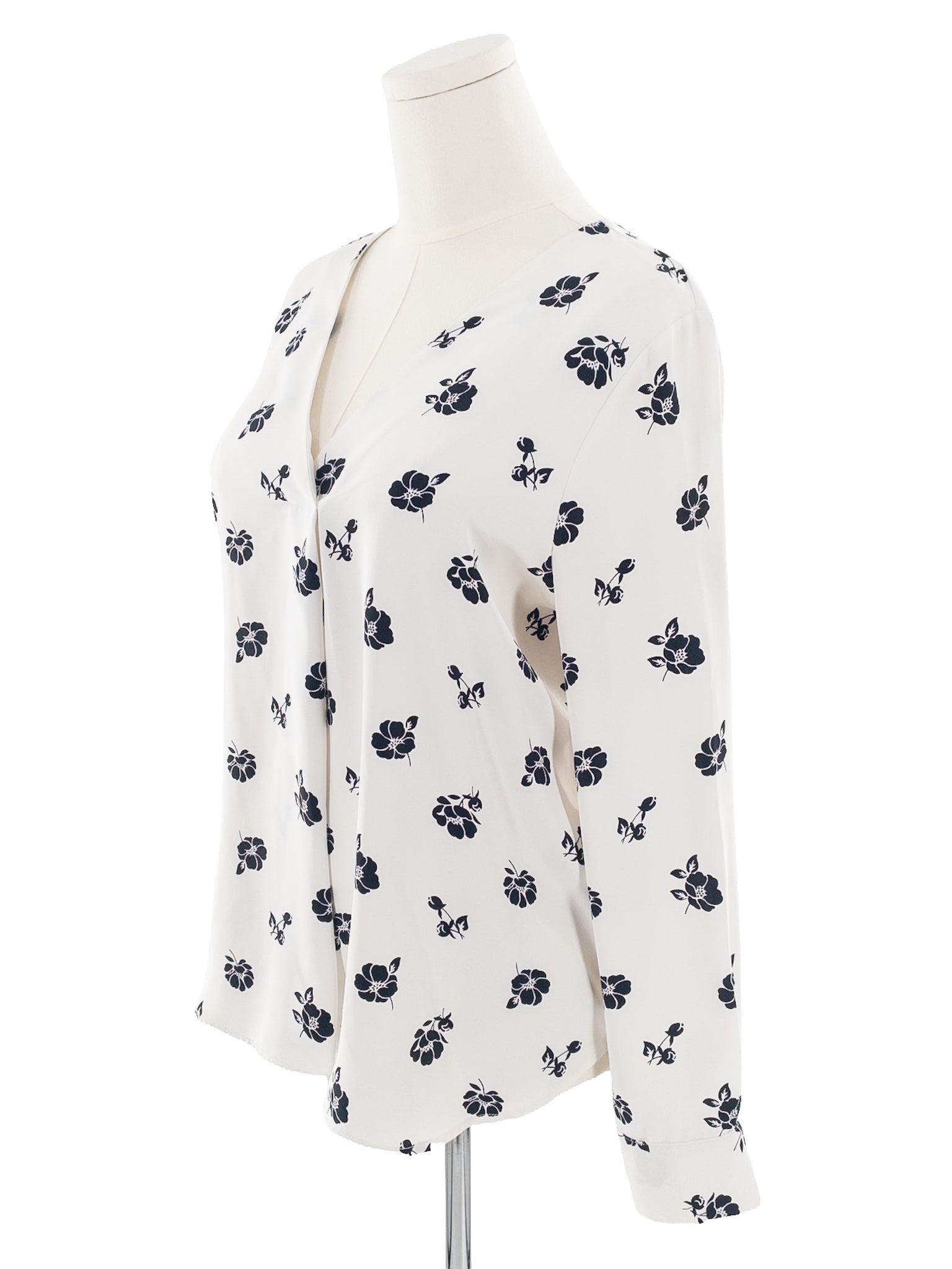 Ann Taylor White Navy Floral Polyester Long Sleeve Size LP Blouse