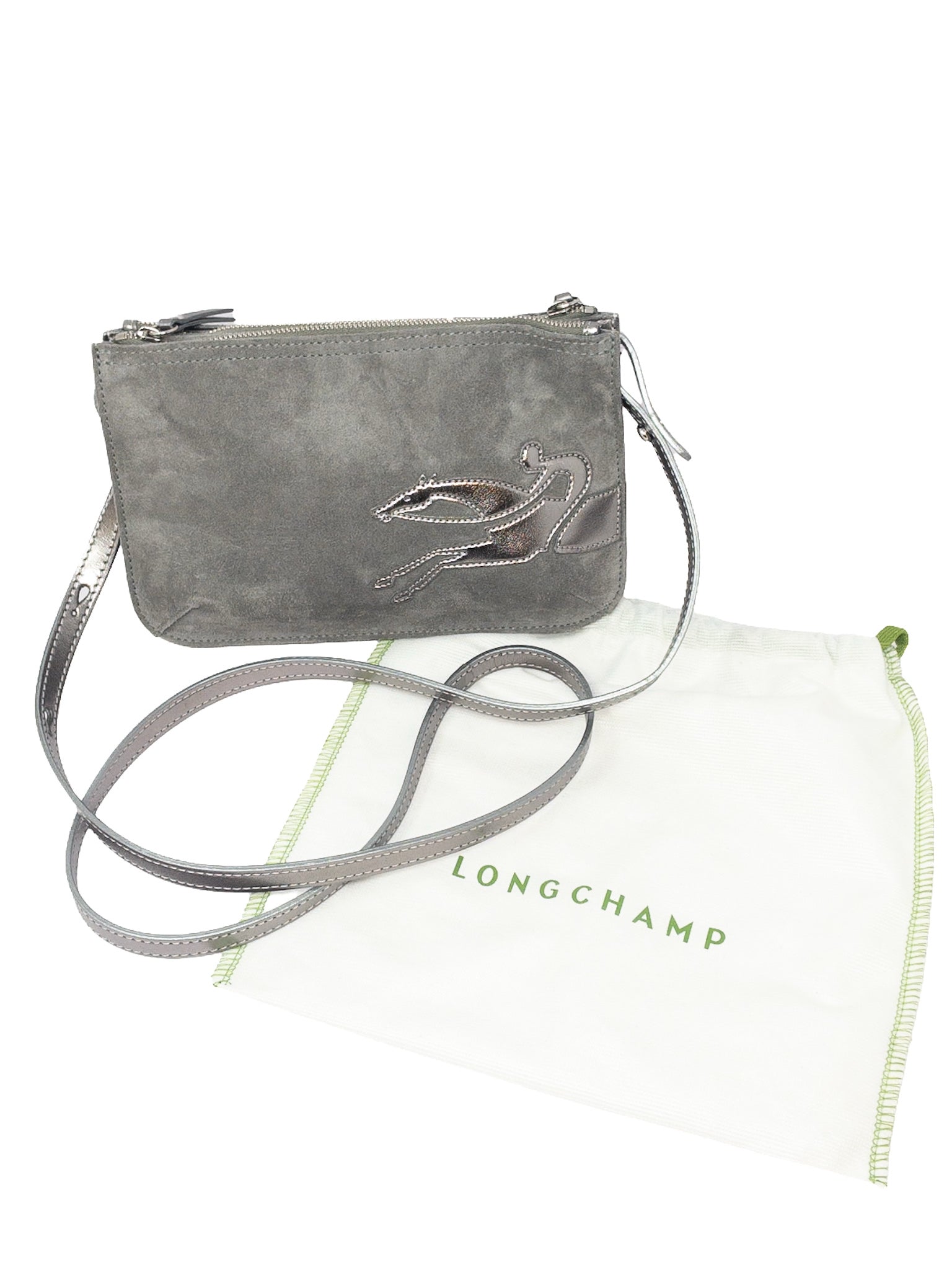 Longchamp Gray Silver Suede Leather Purse