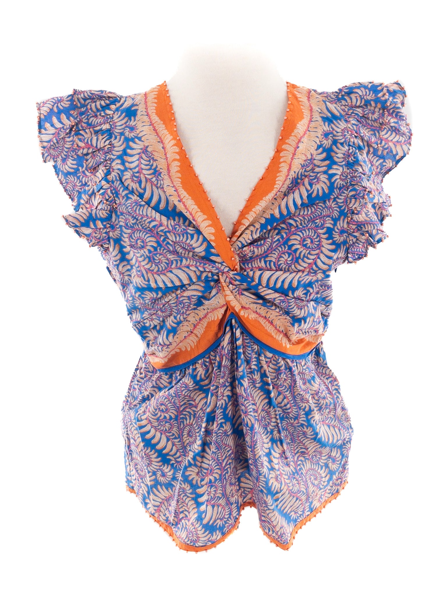 Farm Rio Orange Blue Print Cotton Flutter Sleeve Size M Blouse