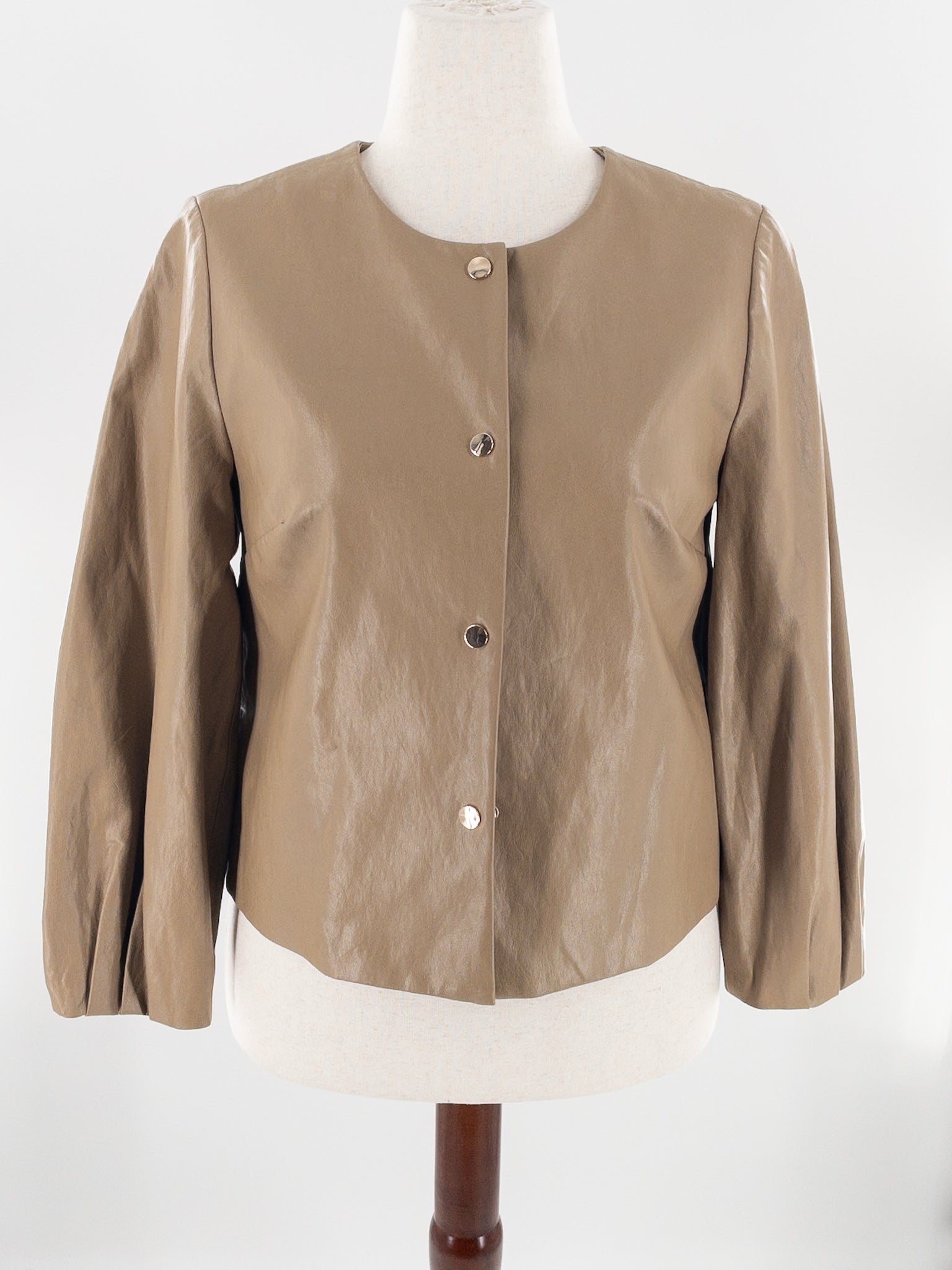Chicos Camel Snap Faux Leather Size L Blazer