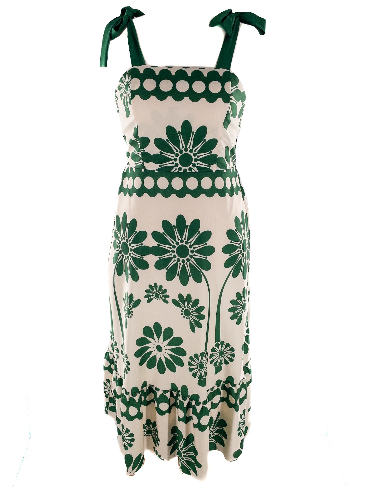 Cream Green Floral Polyester Blend Tie Shoulders Size L Maxi