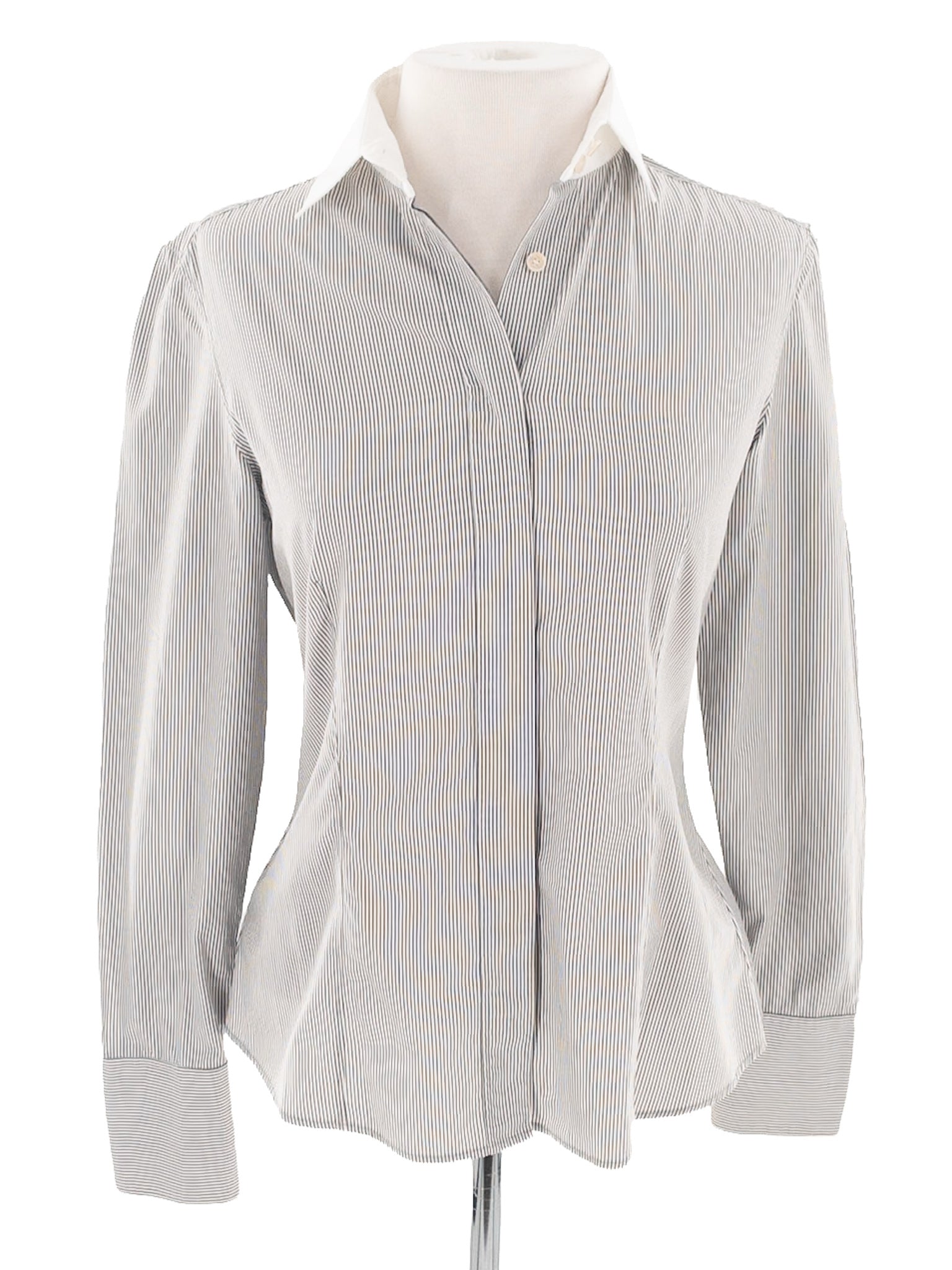 Akris Gray White Pinstripe Cotton Long Sleeve Size 6 Blouse