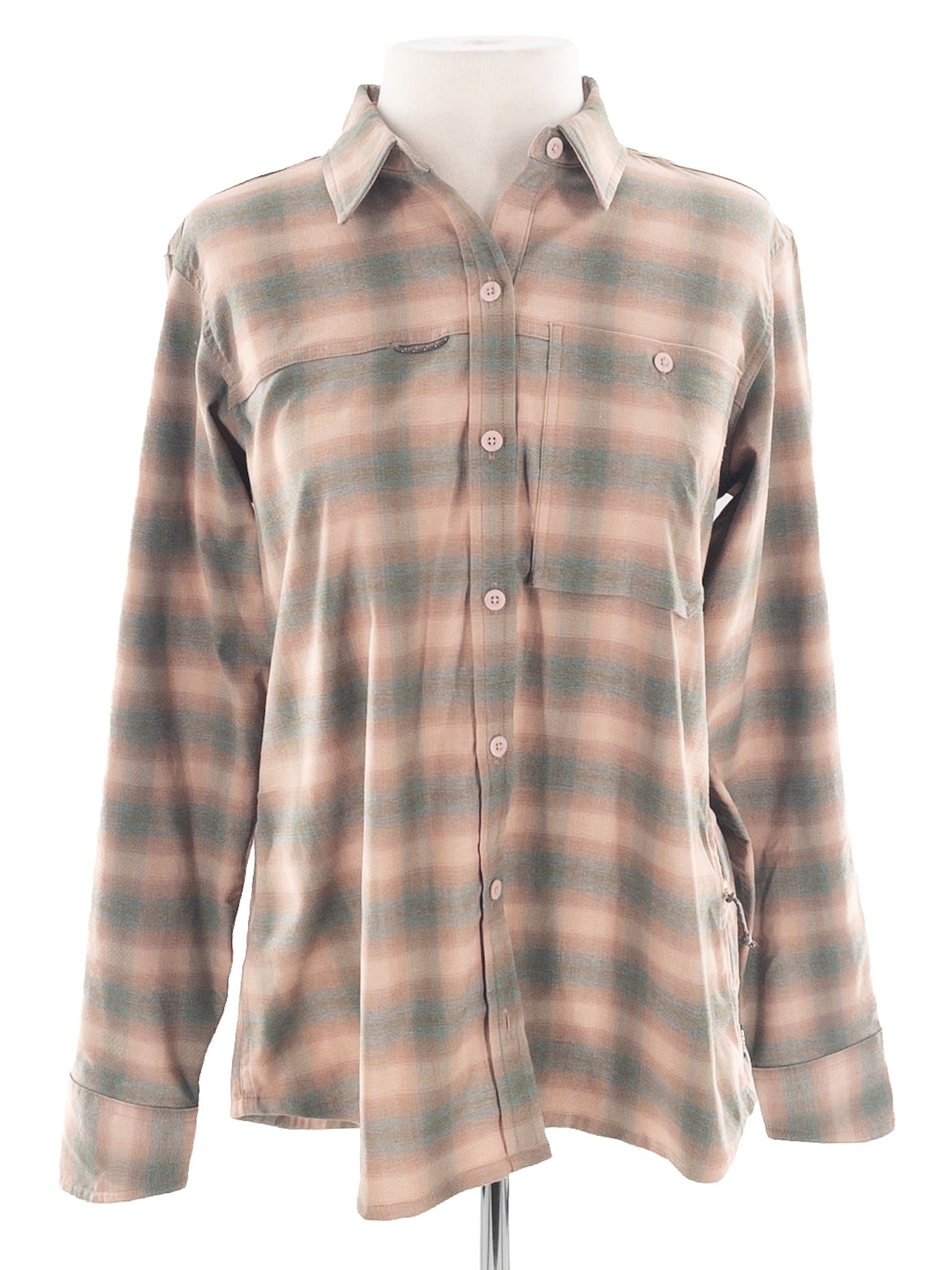REI Blush Gray Plaid Polyester Blend Long Sleeve Size M Blouse
