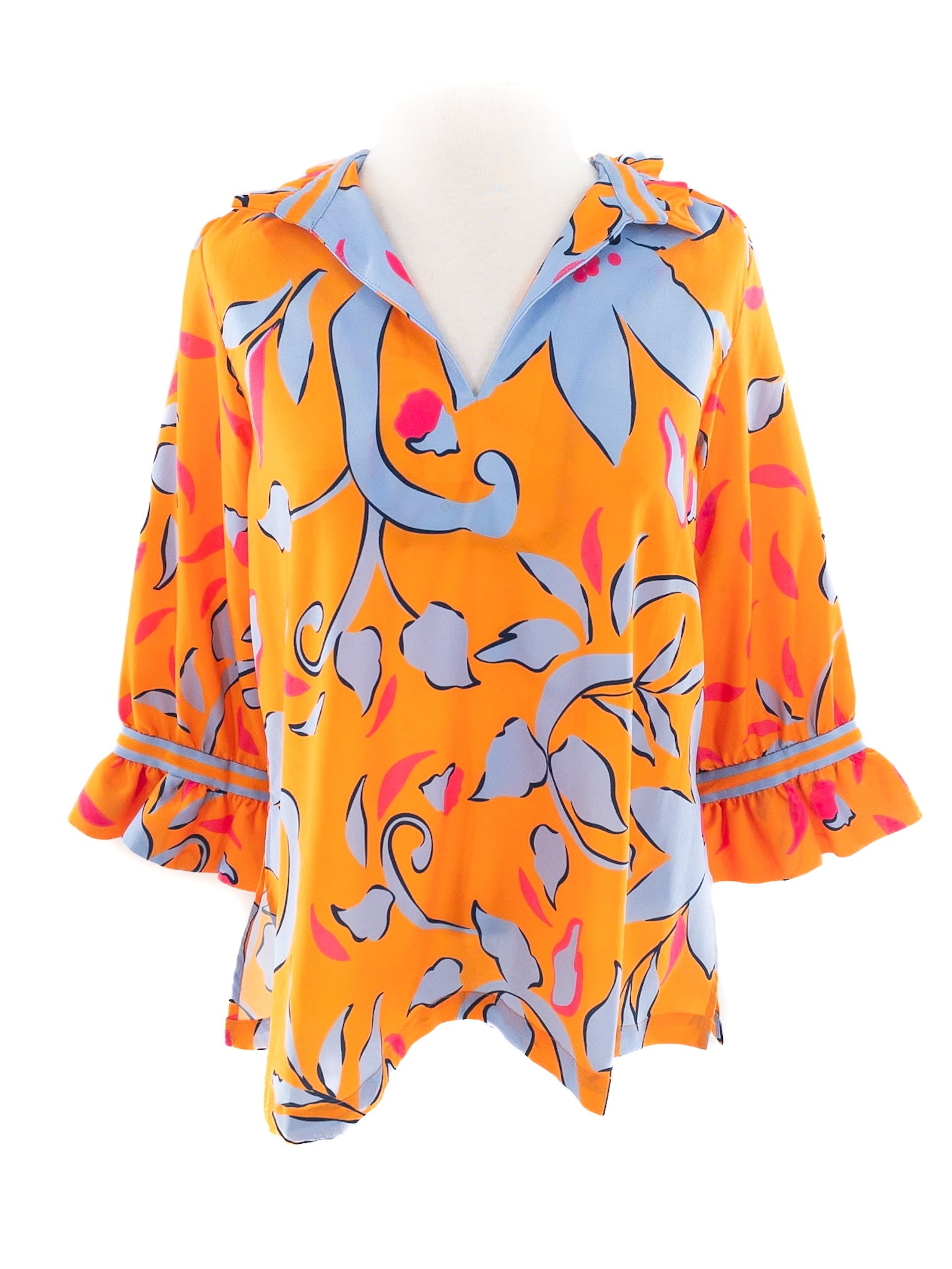 Gretchen Scott Orange Blue Print Polyester Long Sleeve Size M Blouse