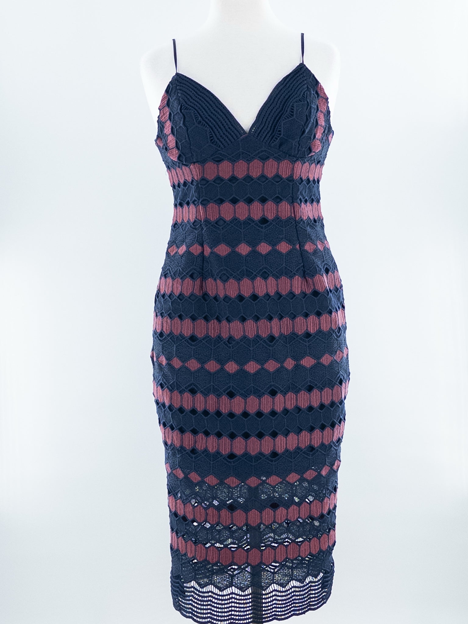 Bardot Navy Maroon Crochet Spaghetti Strap Size 8 Dress