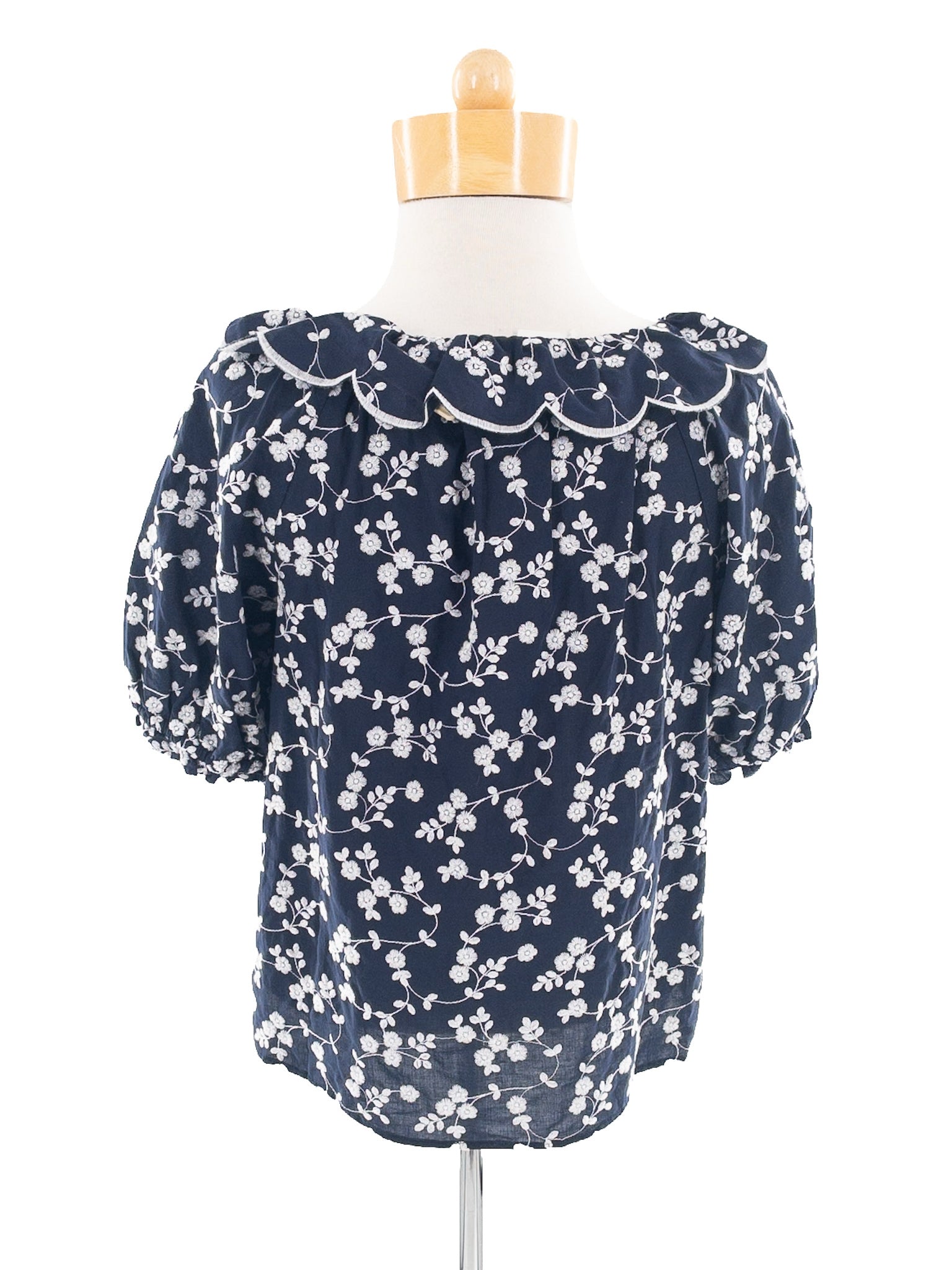 Ann Taylor Navy White Floral Cotton Puff Sleeve Size XS Blouse