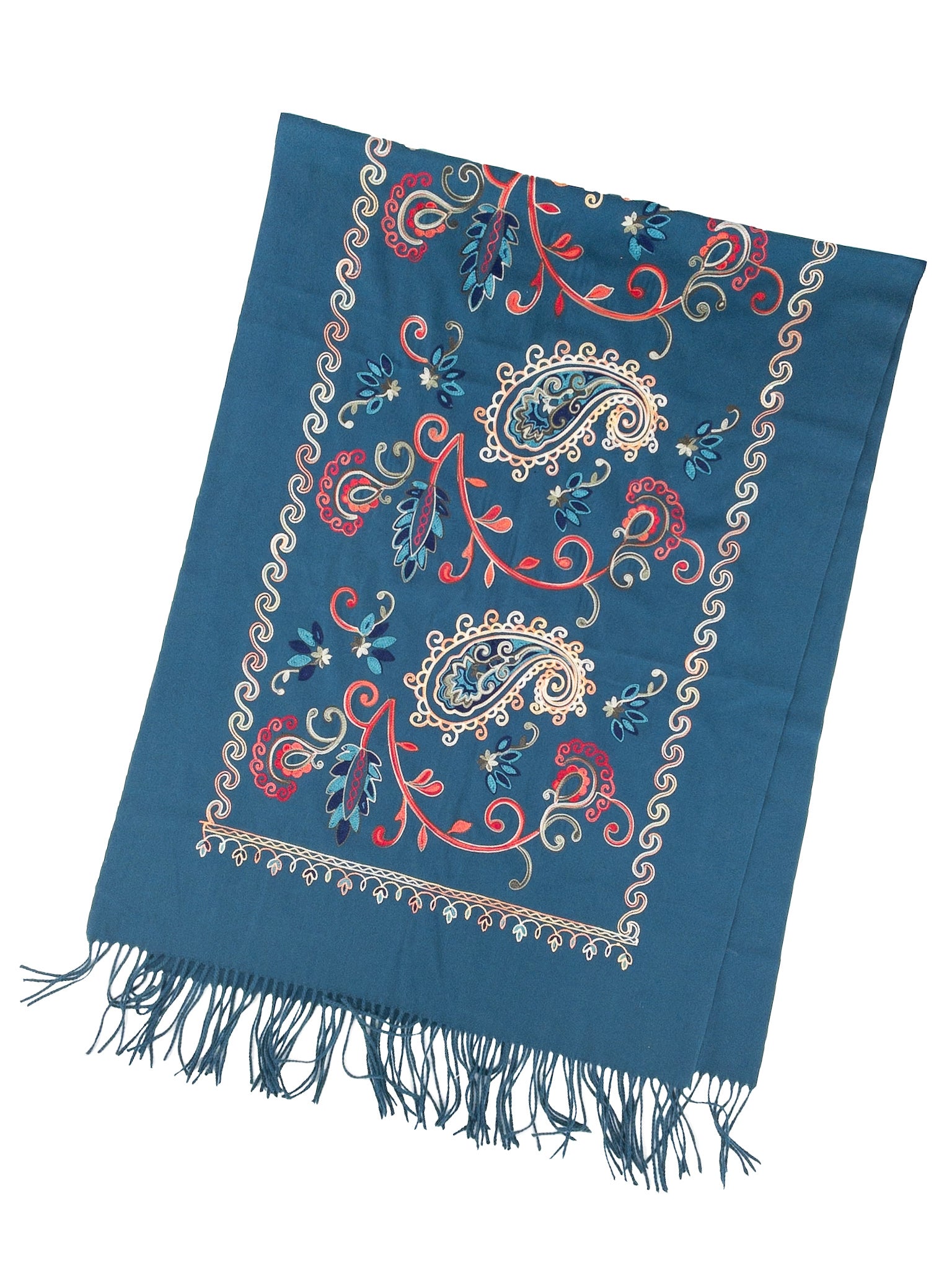 Peacock Blue Embroidered Wool Cashmere Scarves