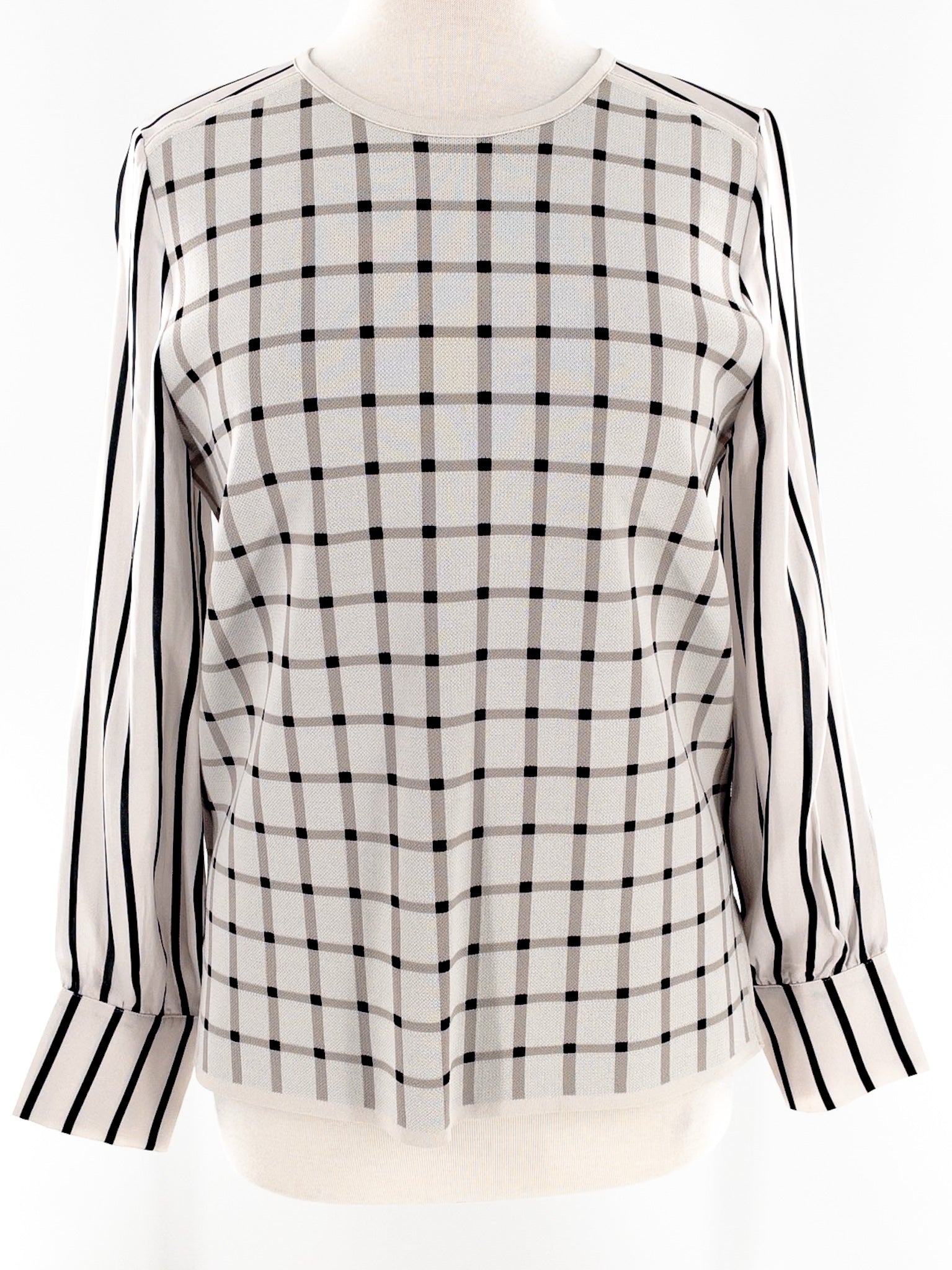Per Se Taupe Black Checkered Viscose Blend Long Sleeve Size M Blouse