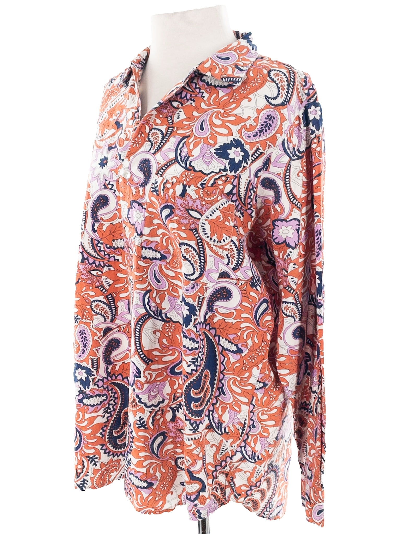 Mille Orange Navy Paisley Cotton Blend Long Sleeve Size S Blouse