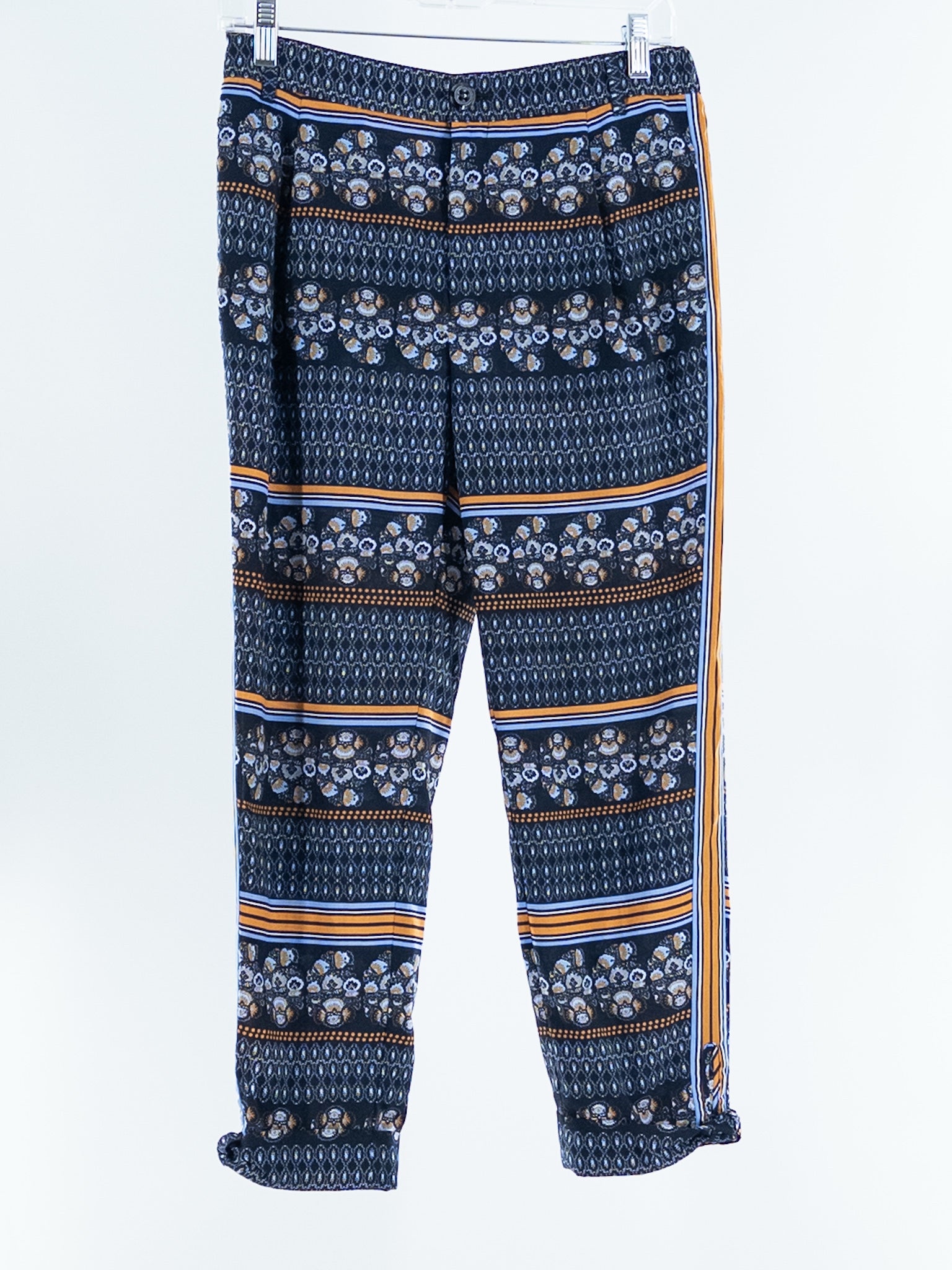 Elevenses Navy Gold Print Polyester Slim Size 4 Pants