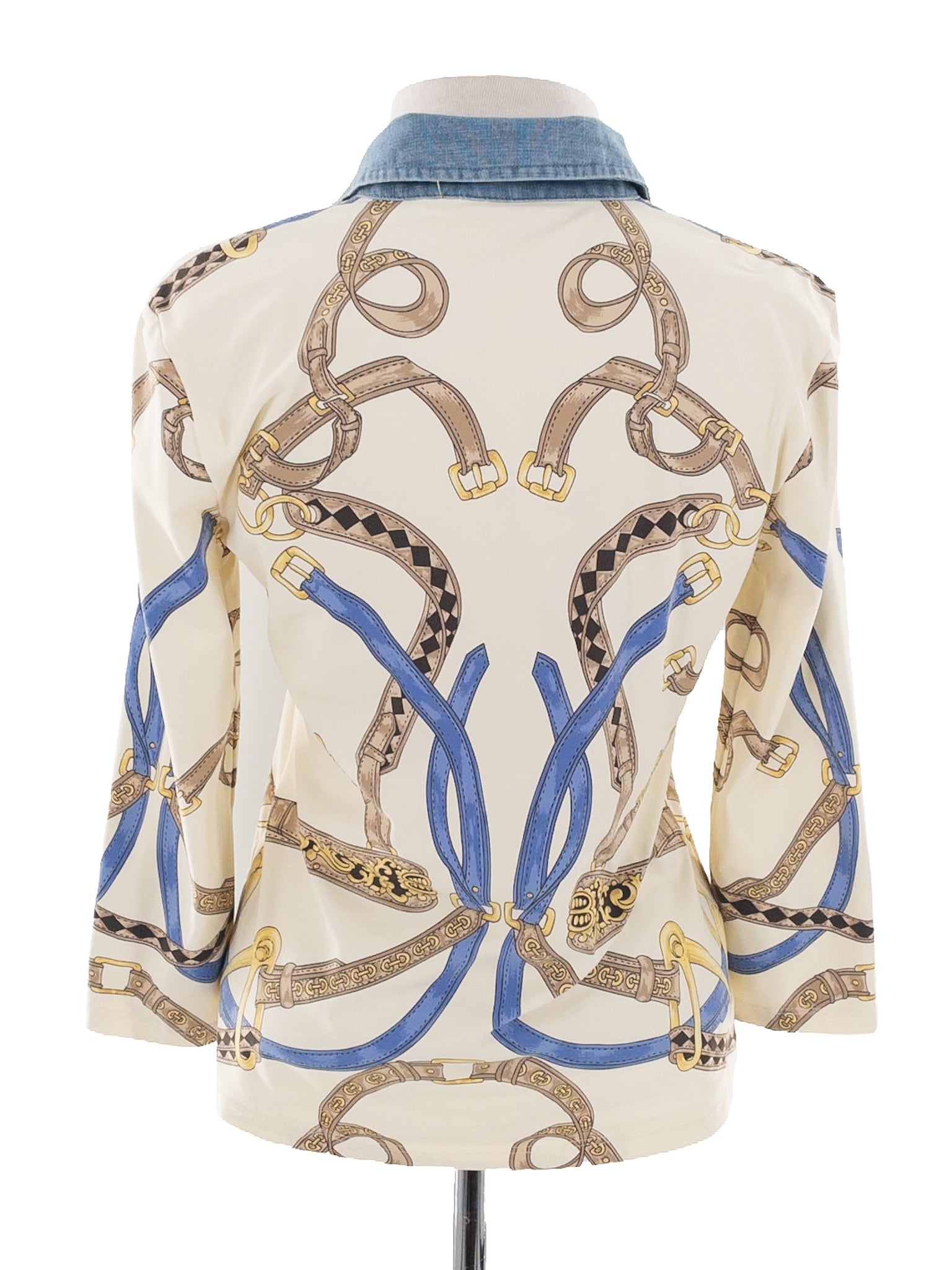 J McLaughlin Cream Blue Print Stretch Collar Size S Blouse