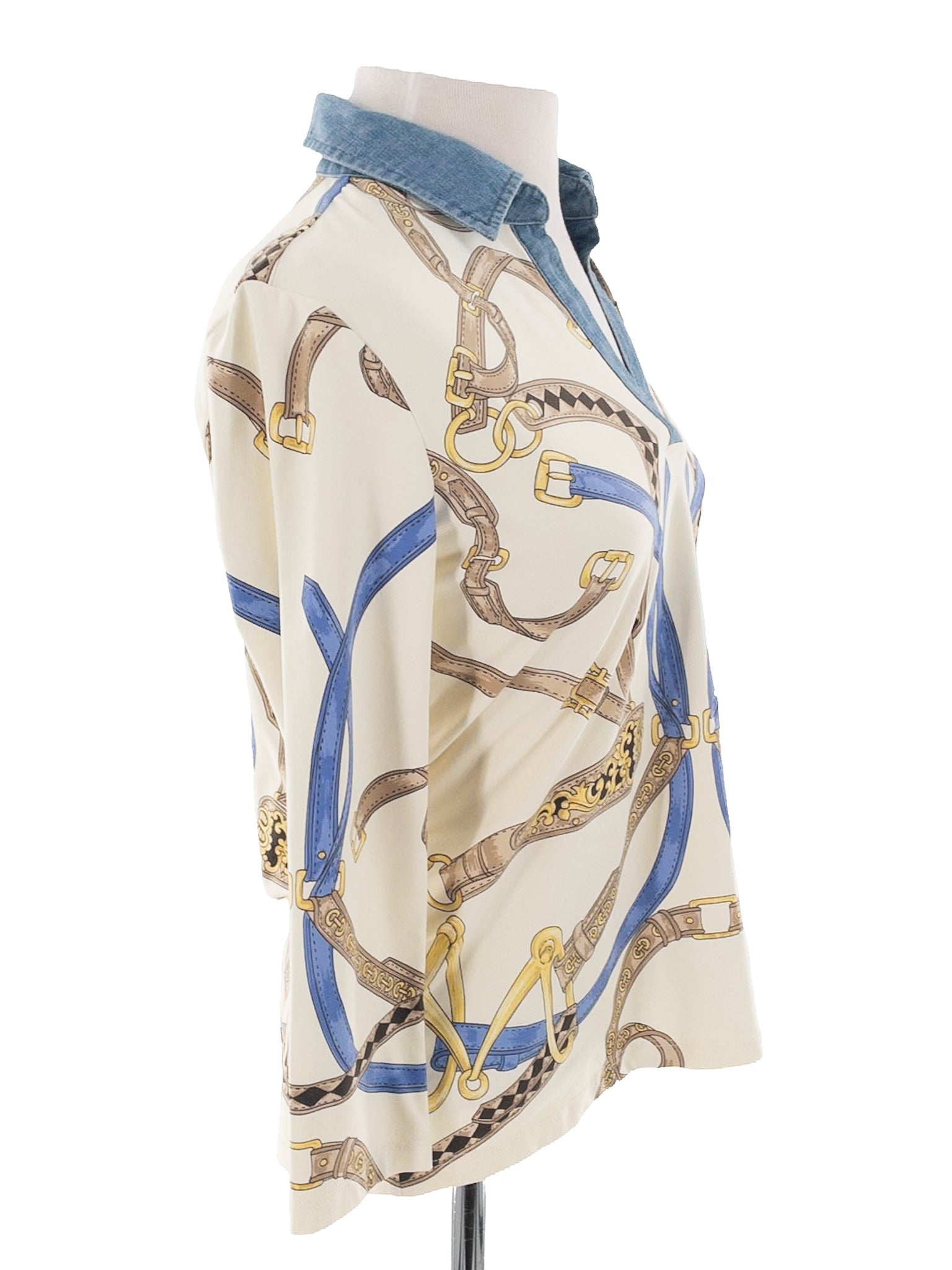 J McLaughlin Cream Blue Print Stretch Collar Size S Blouse