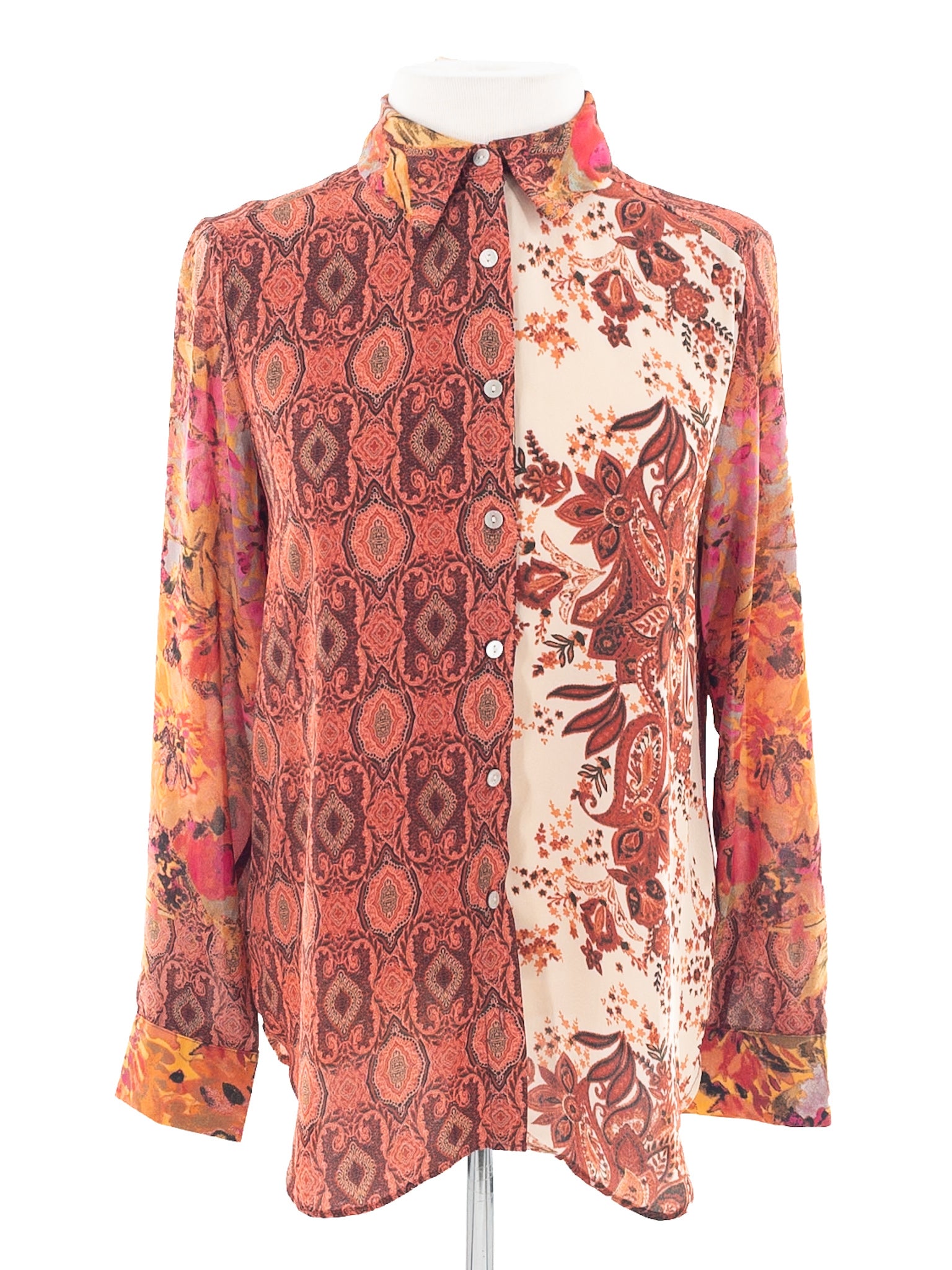 Rose + Olive Multi-Color Print Polyester Long Sleeve Size S Blouse