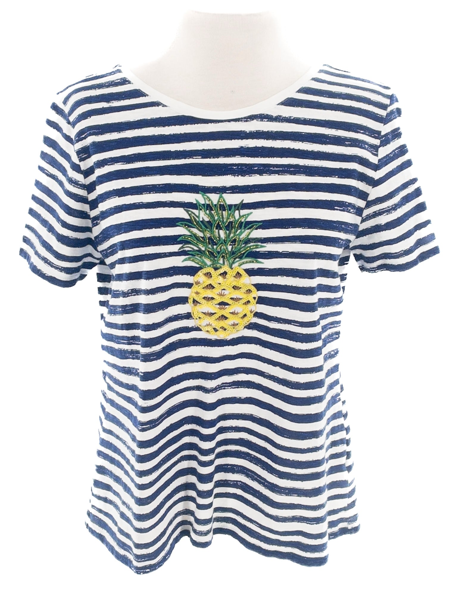 Talbots Navy Ivory Stripe Cotton Blend Short Sleeve Size MP T Shirt