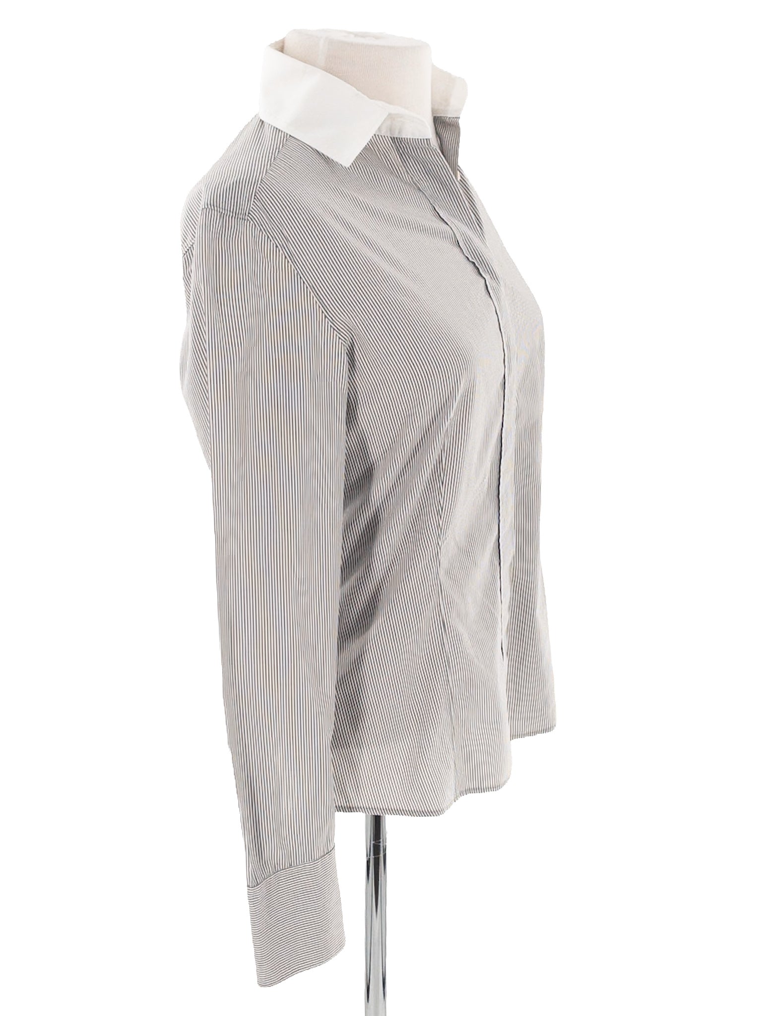 Akris Gray White Pinstripe Cotton Long Sleeve Size 6 Blouse