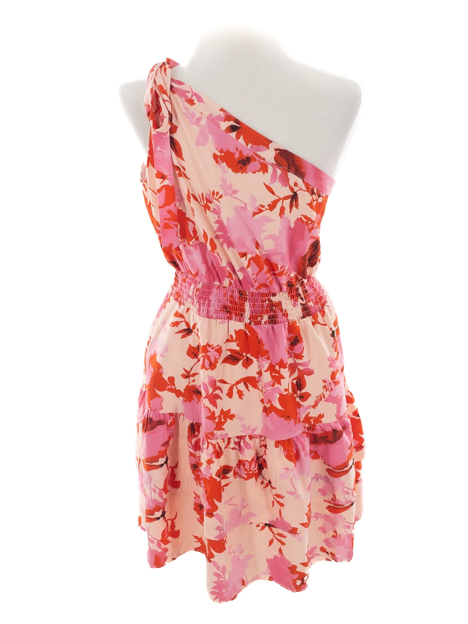 Pretty Garden Peach Pink Floral Polyester One Shoulder Size M Dress