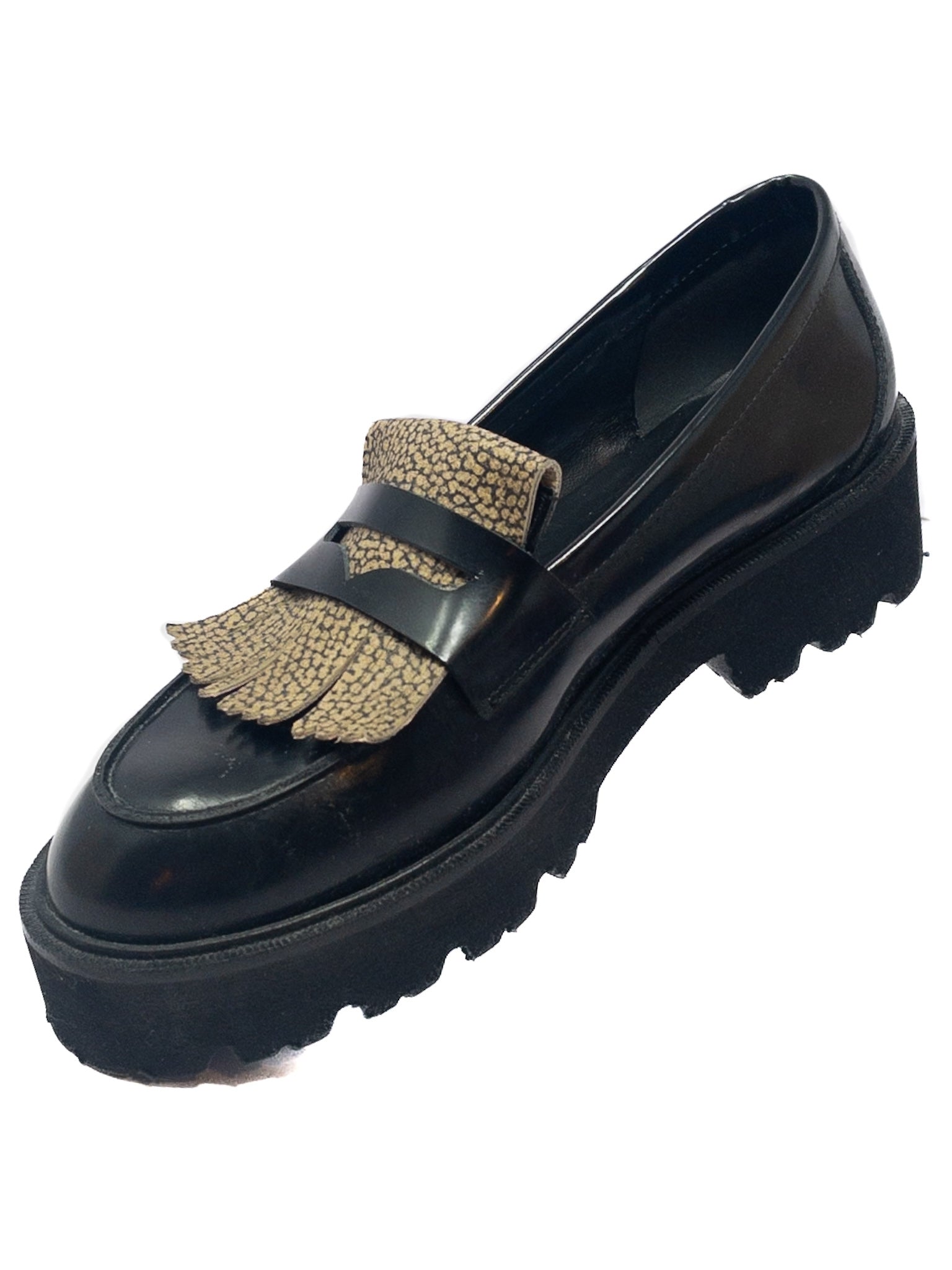 Borbonese Black Tan Animal Print Leather 8.5 Loafers