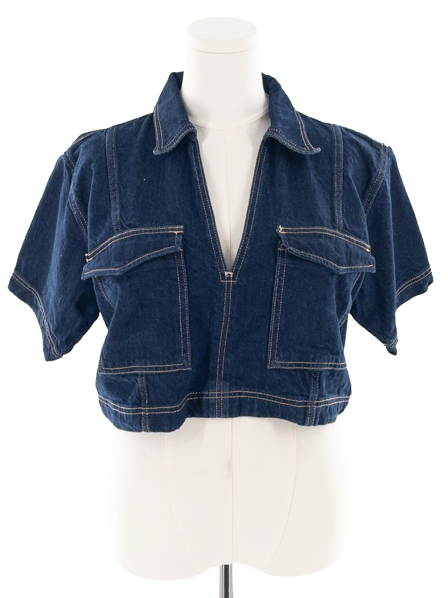 Zara Navy Stitch Denim Short Sleeve Size L Blouse