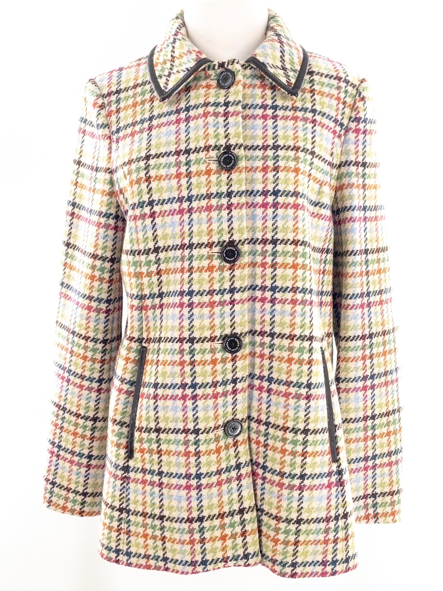 Coach Cream Brown Houndstooth Wool Size M Coat