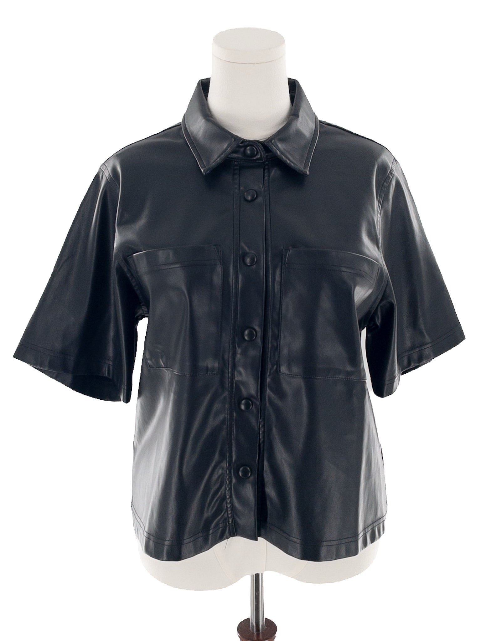 Evereve Black Snap Faux Leather Short Sleeve Size L Blouse