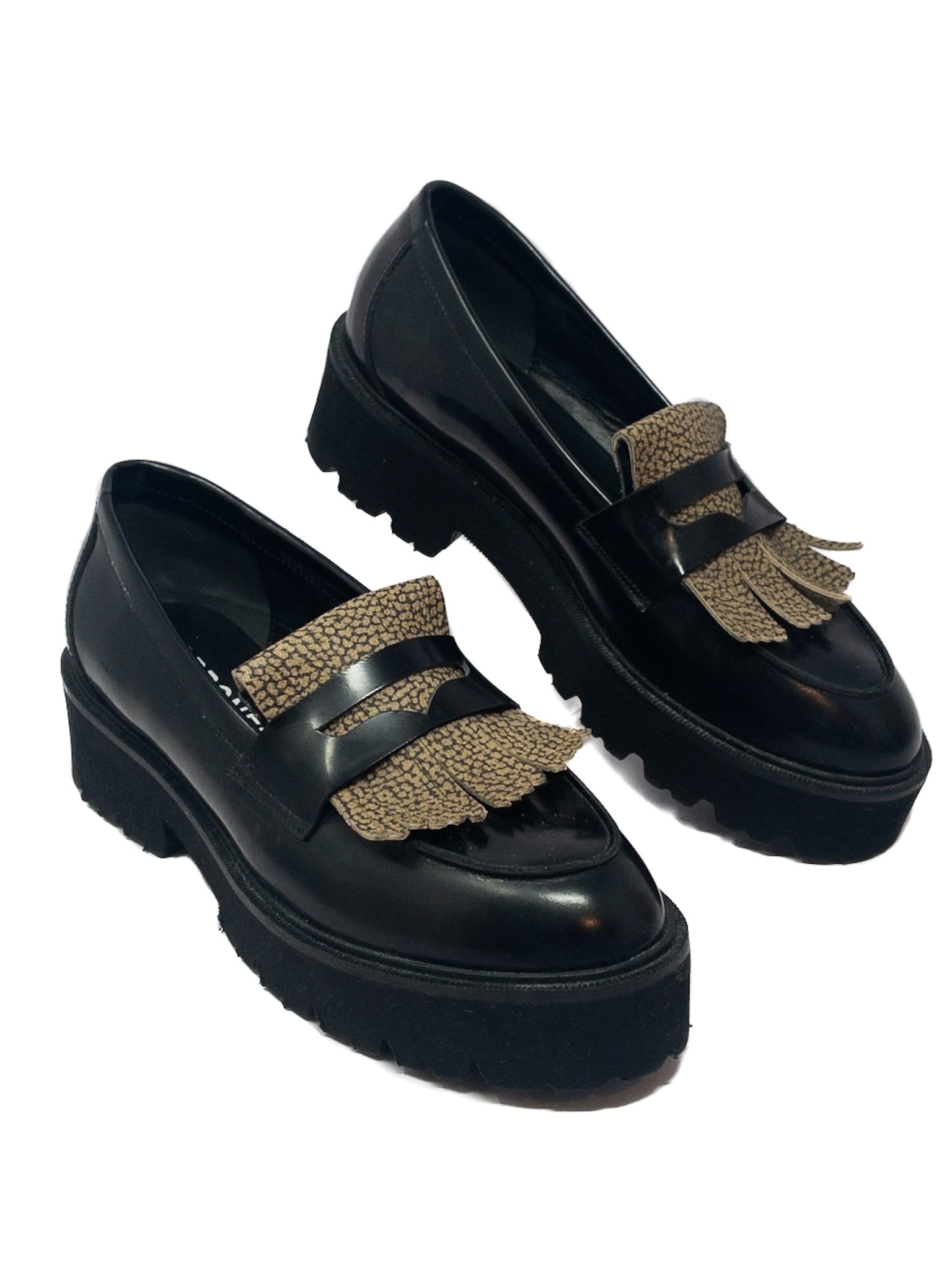 Borbonese Black Tan Animal Print Leather 8.5 Loafers
