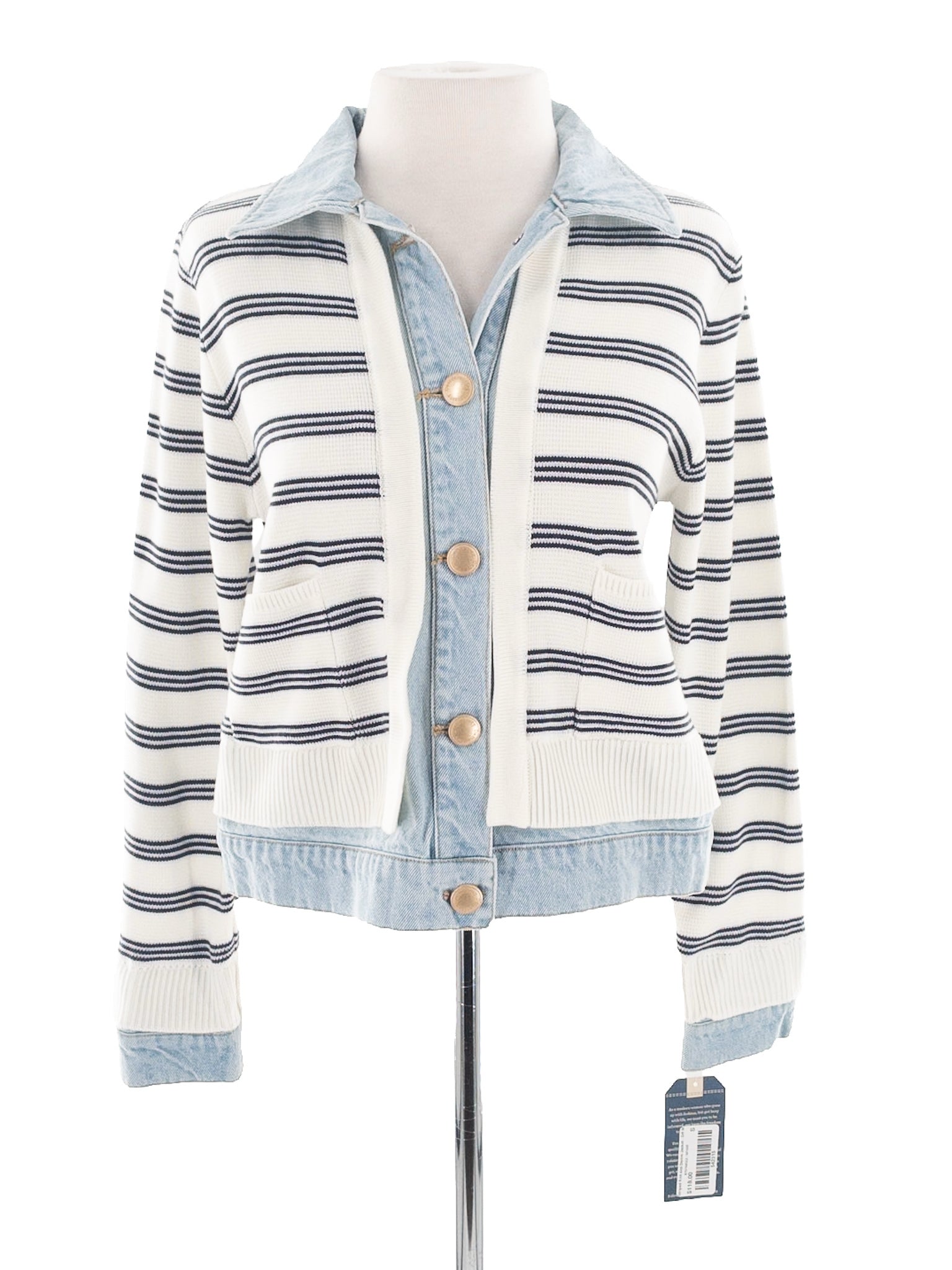 Democracy Blue Cream Stripe Cotton Blend Size S Cardigan