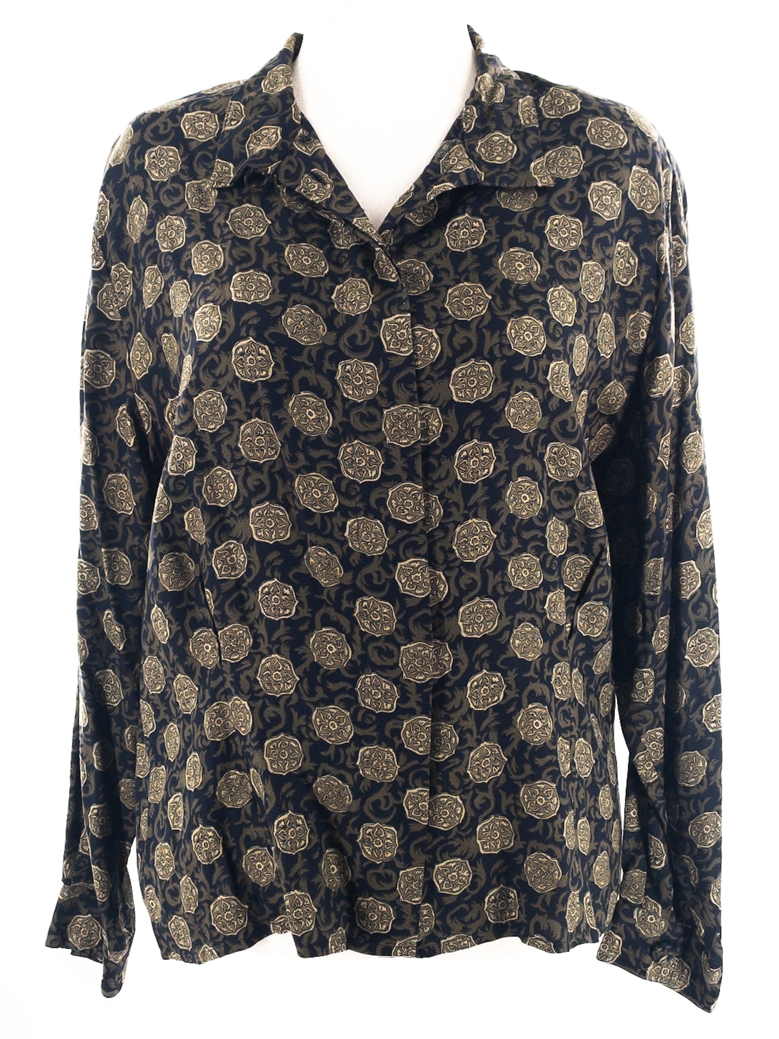 Evan Picone Navy Green Print Rayon Long Sleeve Size 16 Blouse