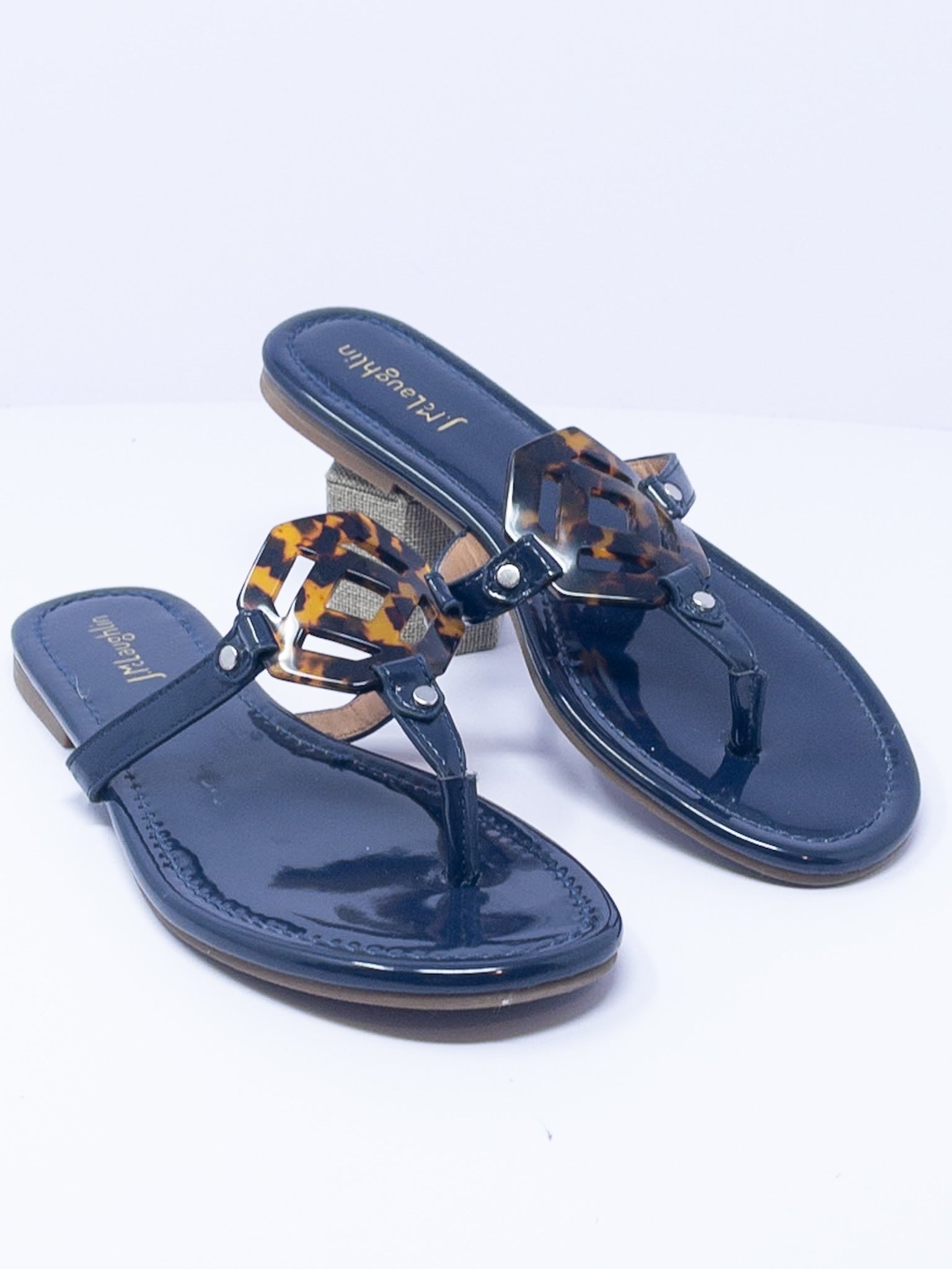 J McLaughlin Navy Tortoise Patent Leather 8.5 Sandals