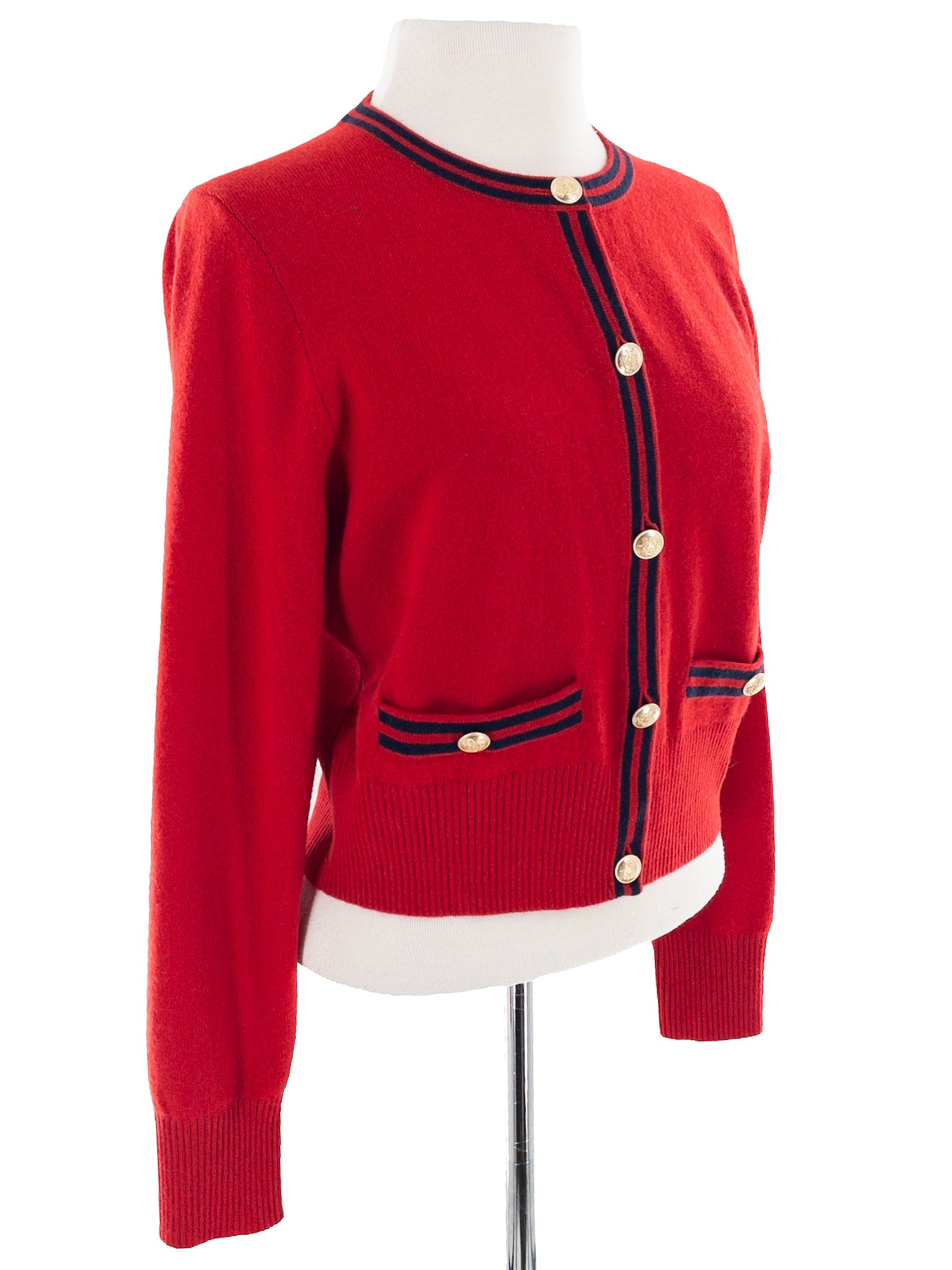 J Crew Red Navy Piping Cashmere Size M Cardigan