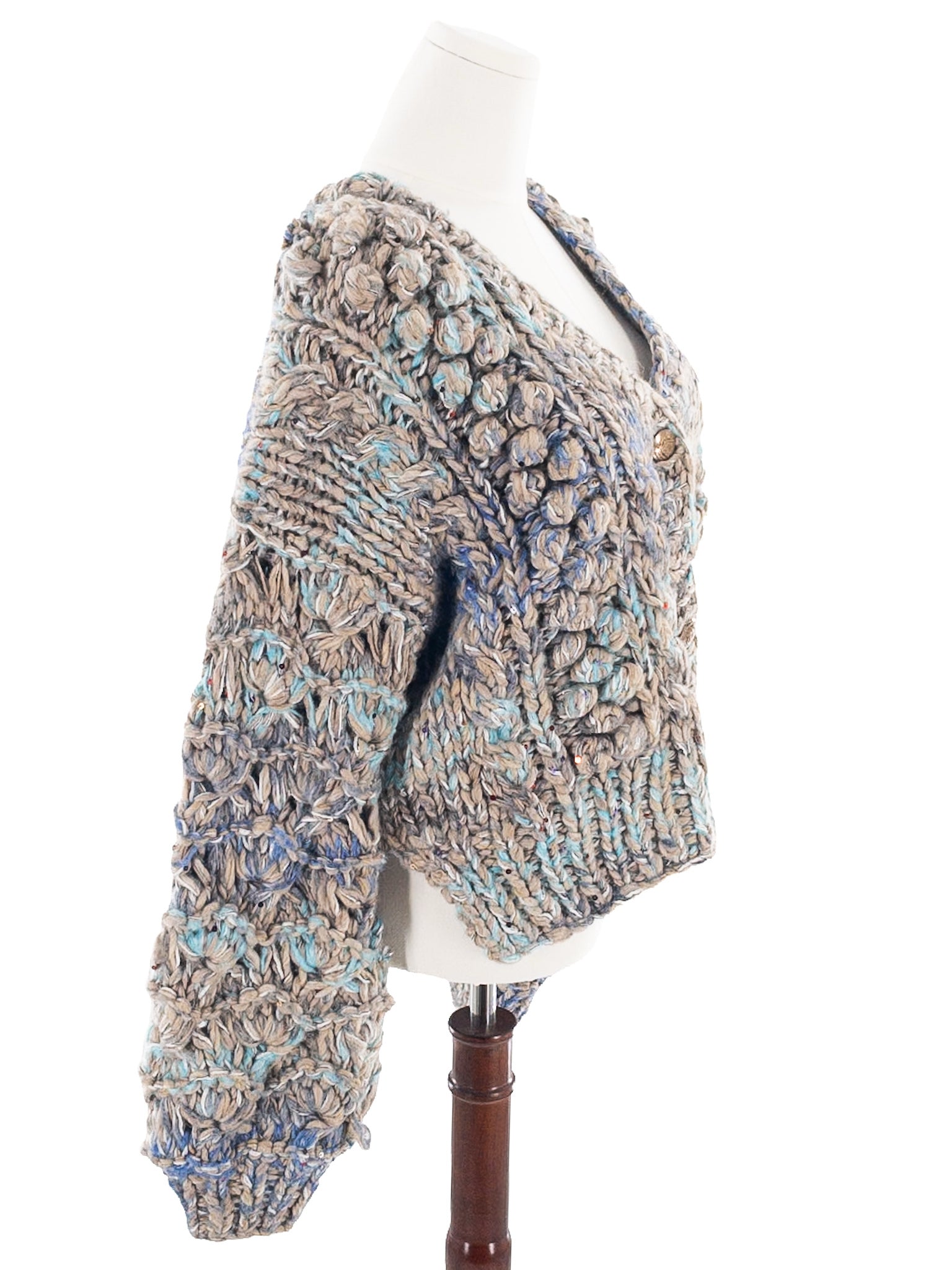 Mystree Tan Blue Sequin Wool Blend Size L Cardigan