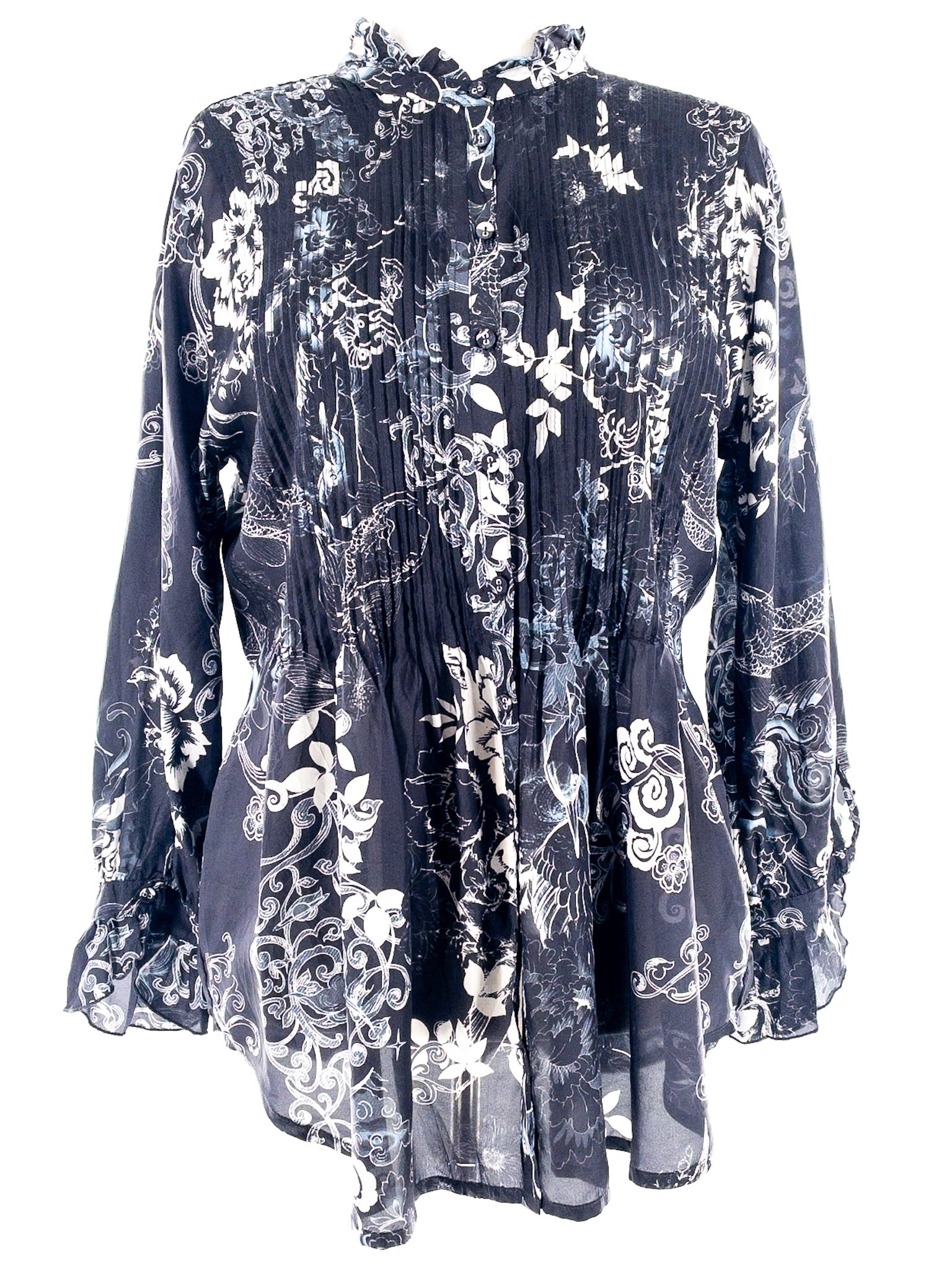 Johnny Was Charcoal Pin Tuck Silk Long Sleeve Size M Blouse