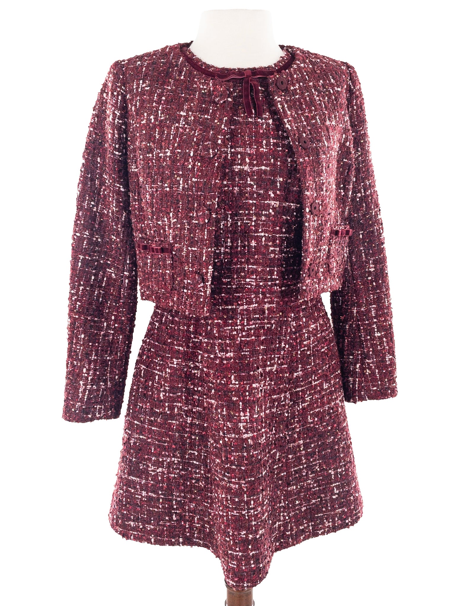 Gal Meets Glam Maroon Tweed Polyester Cap Sleeve Size 2 Dress Set