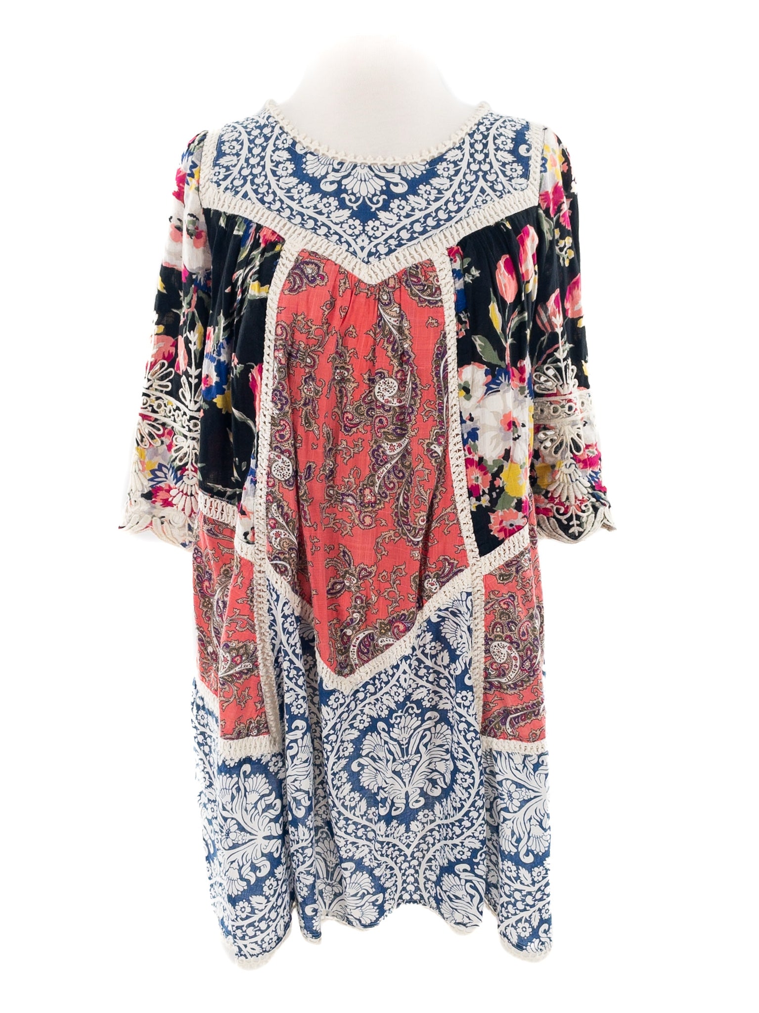 Vanessa Virginia Multi-Color Patchwork Cotton 3/4 Sleeve Size 2 Dress
