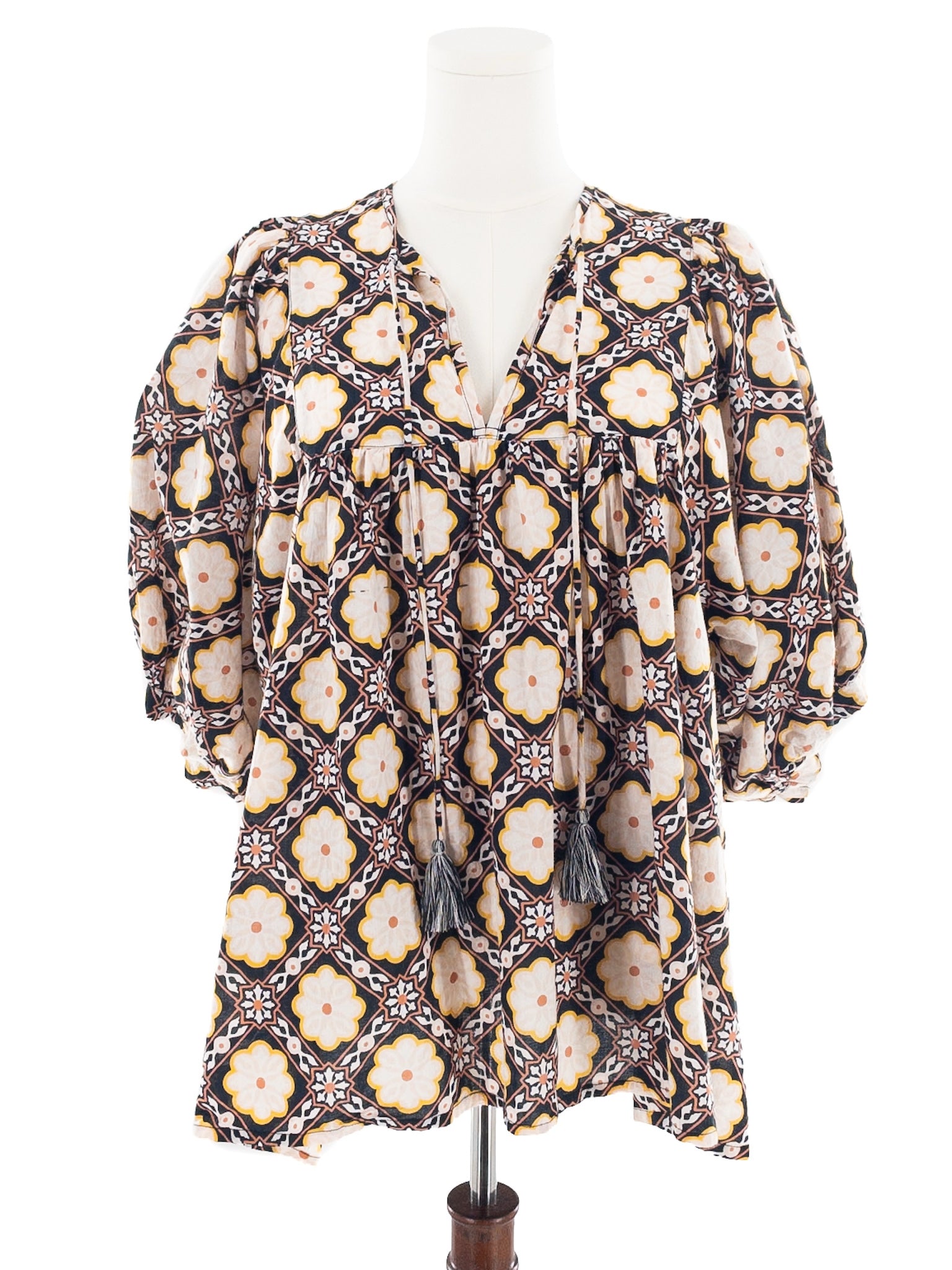 Mille Black Yellow Print Cotton Puff Sleeve Size L Blouse