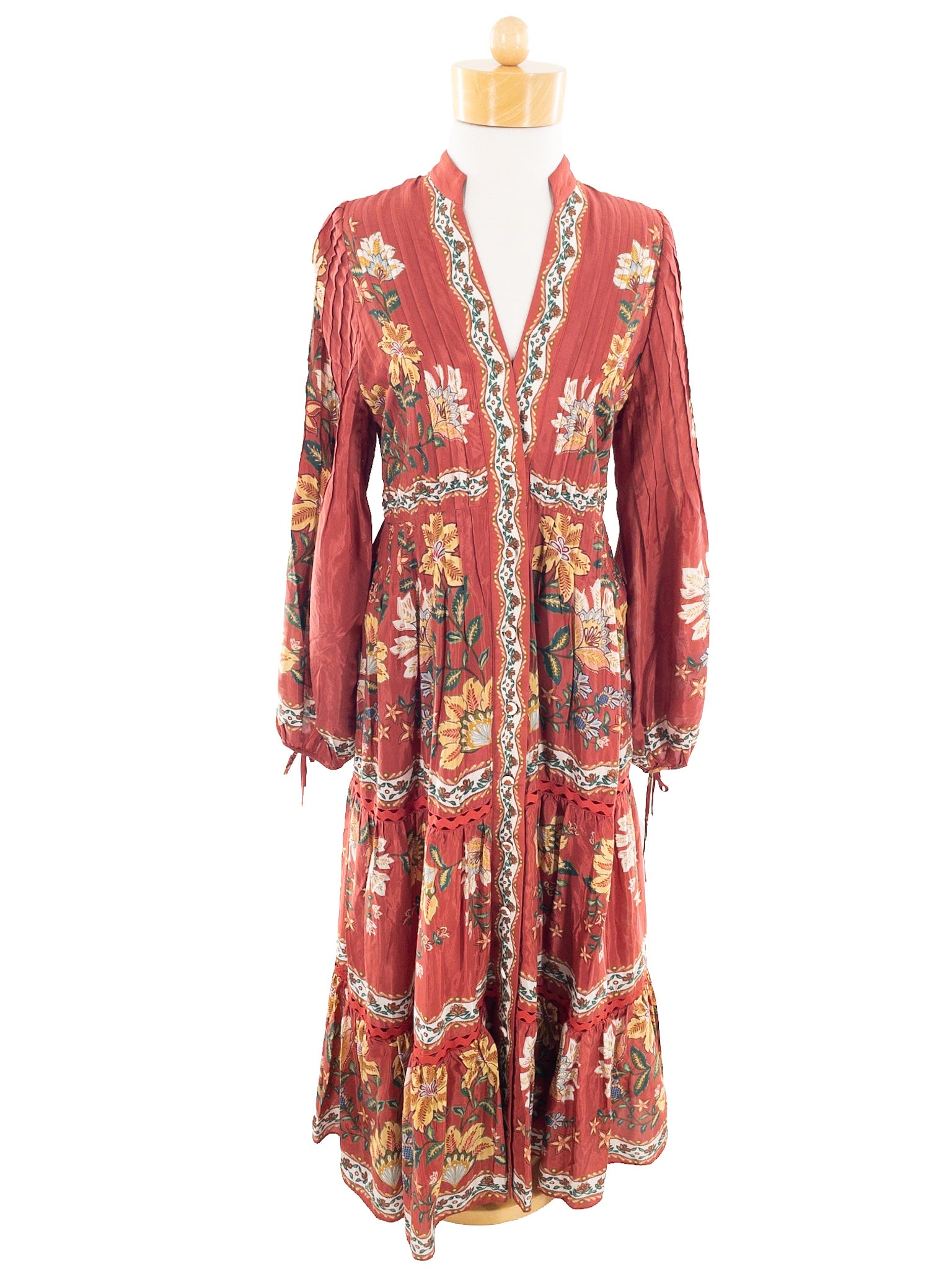 Farm Rio Sienna Multi Floral Cotton Blend Long Sleeve Size M Maxi