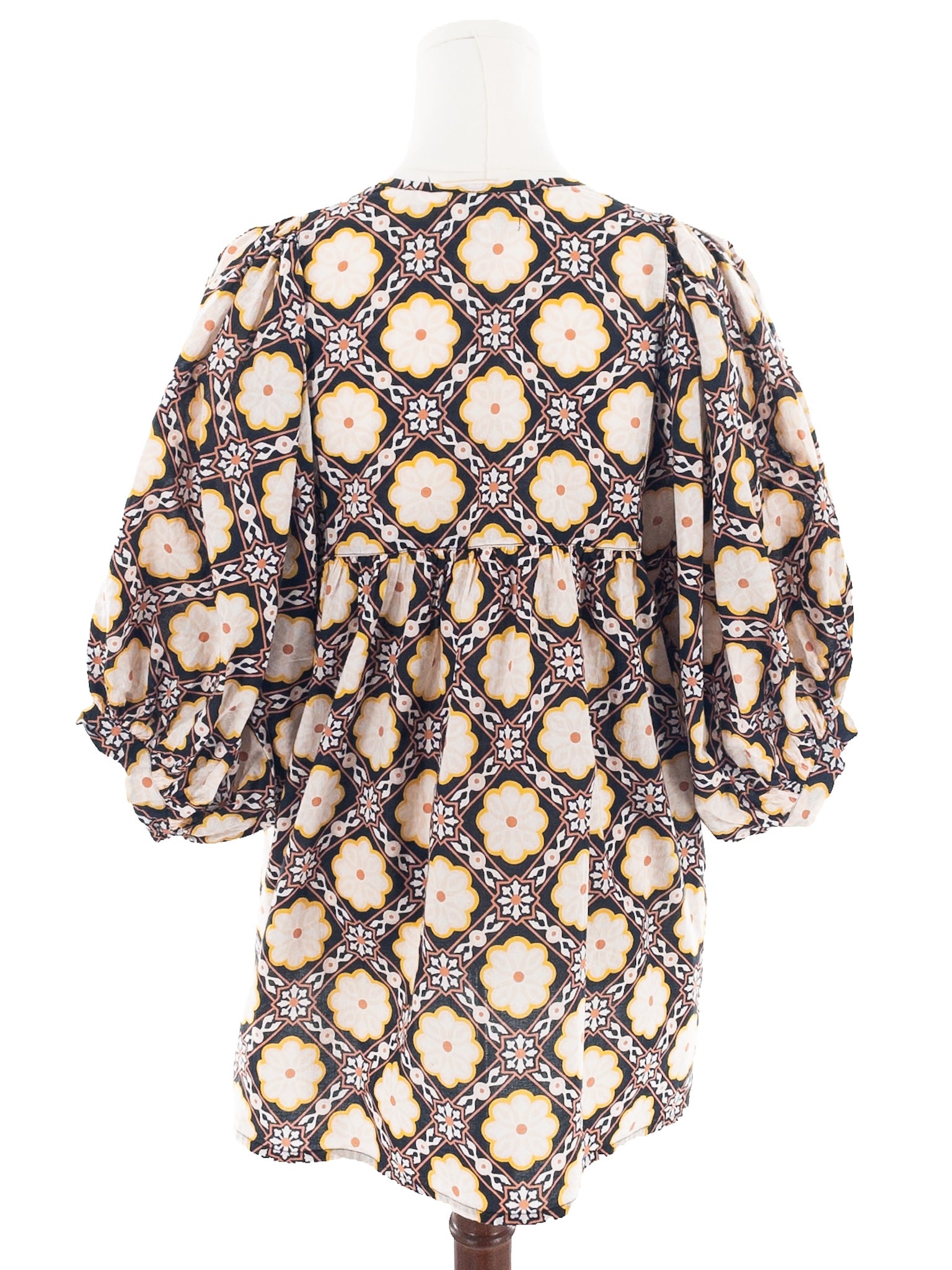 Mille Black Yellow Print Cotton Puff Sleeve Size L Blouse