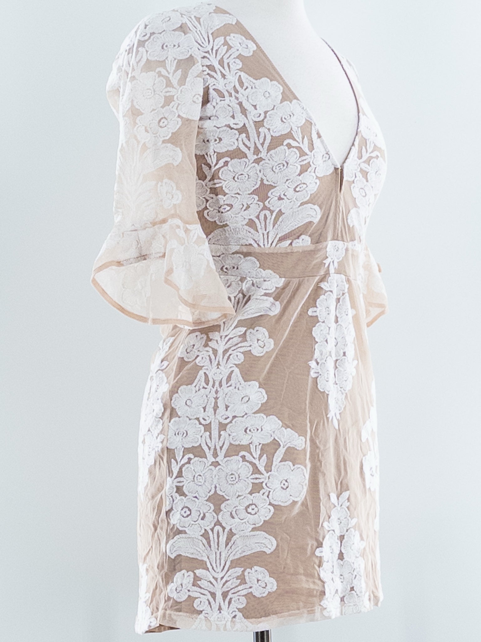 For Love & Lemons Tan Cream Embroidered Polyester Blend 3/4 Sleeve Size S Dress