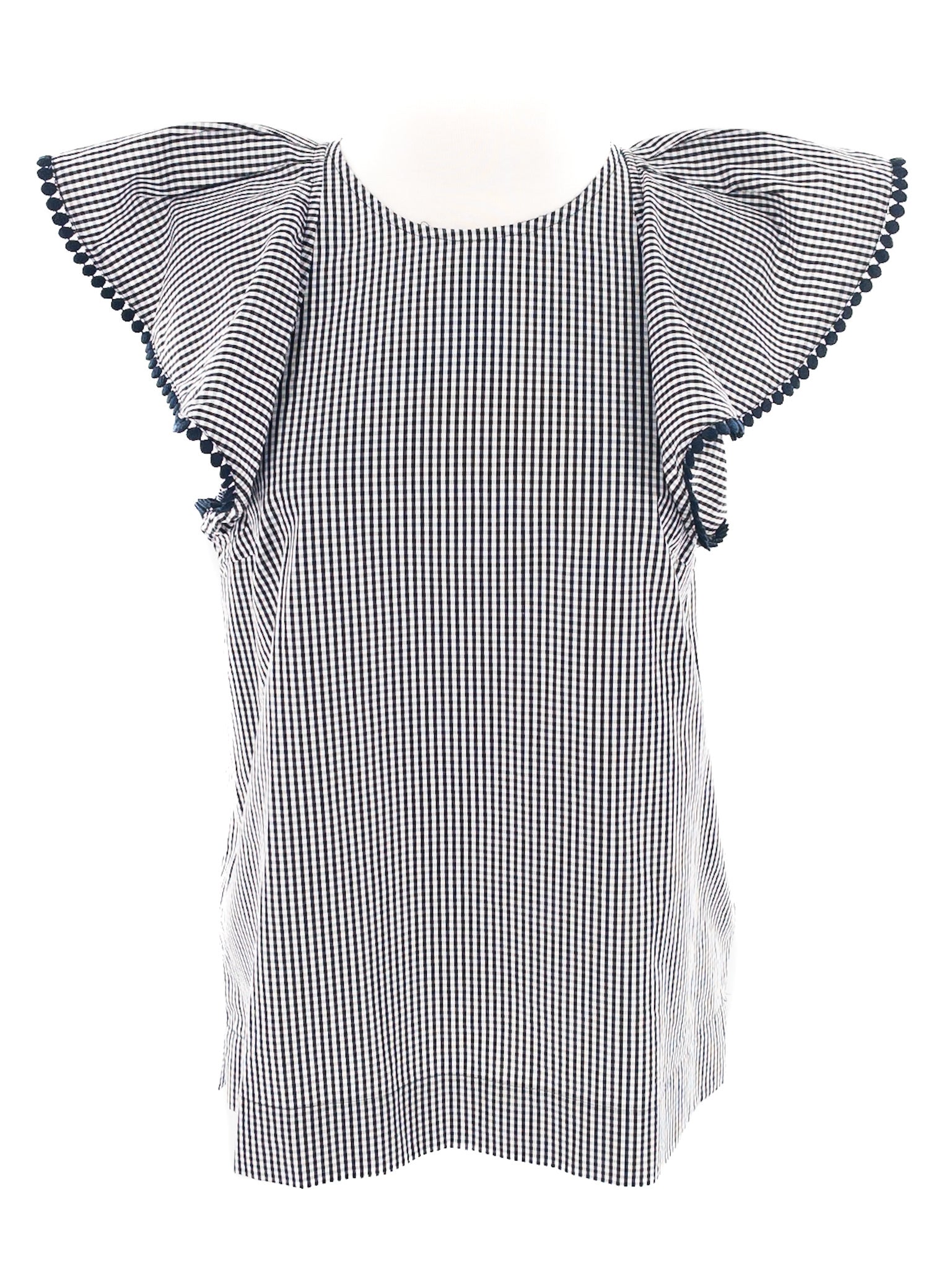 J Crew Navy White Gingham Cotton Blend Flutter Sleeve Size XS Blouse