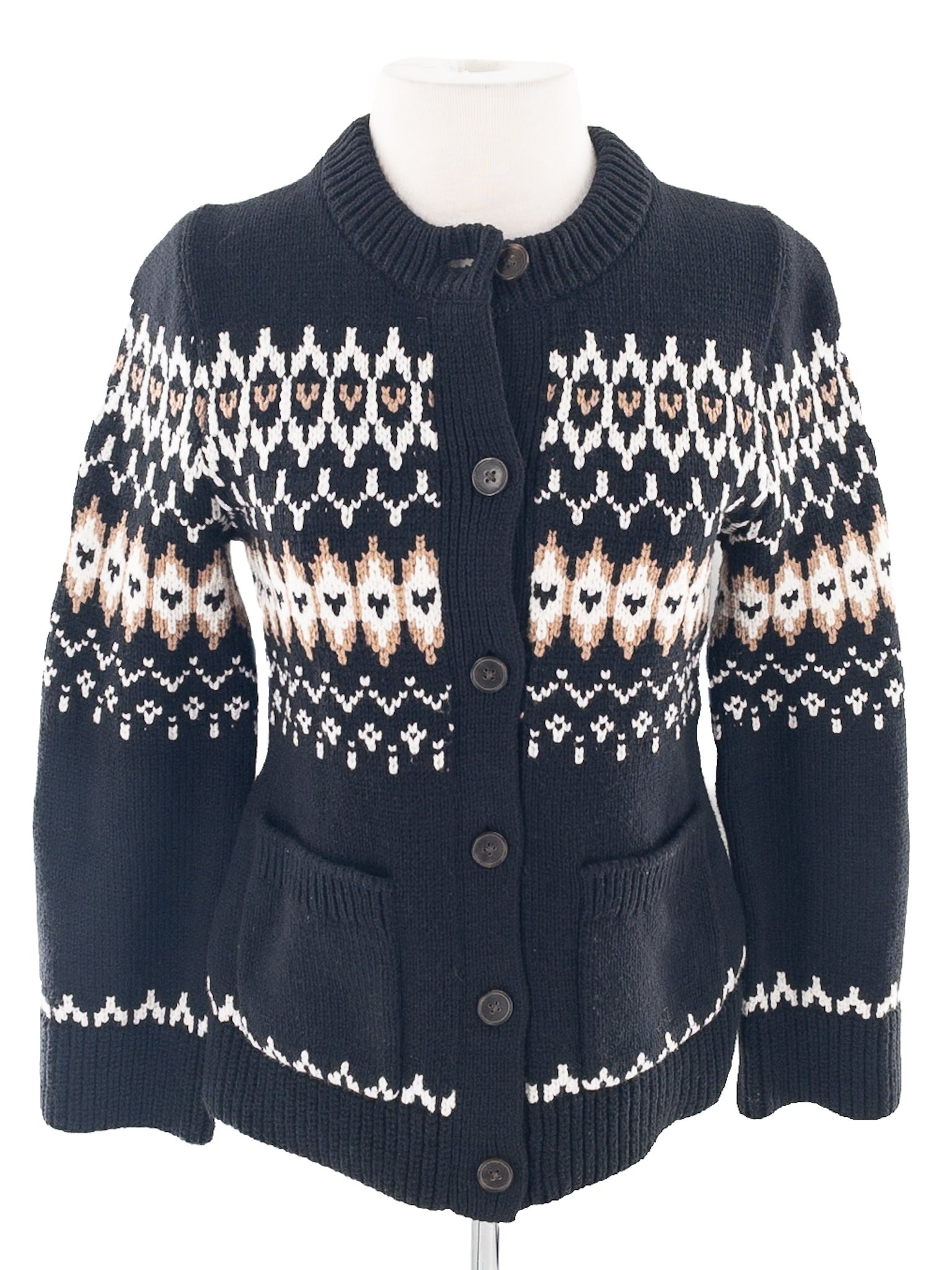 Loft Black Ivory Fair Isle Cotton Blend Size M Cardigan