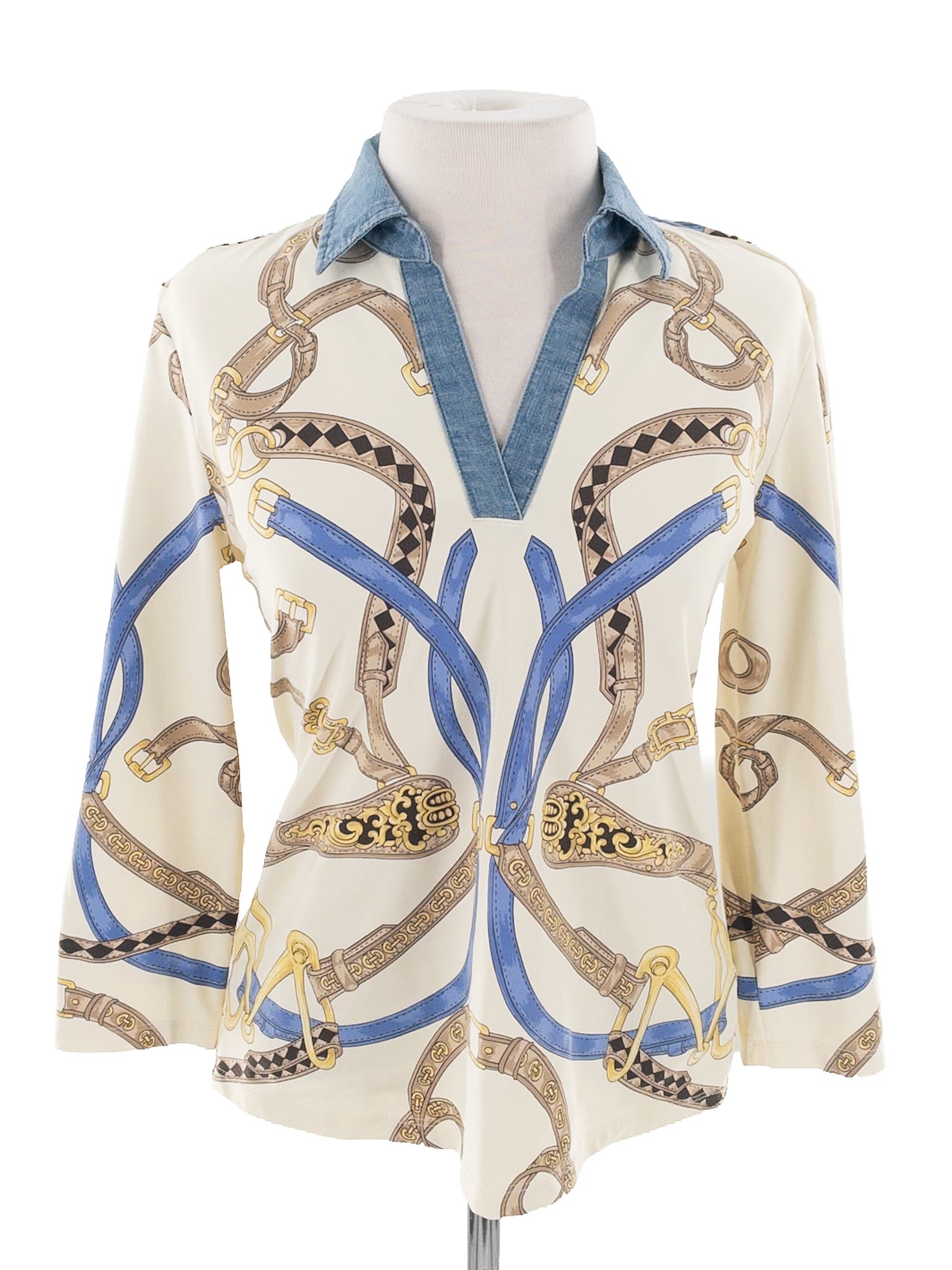 J McLaughlin Cream Blue Print Stretch Collar Size S Blouse