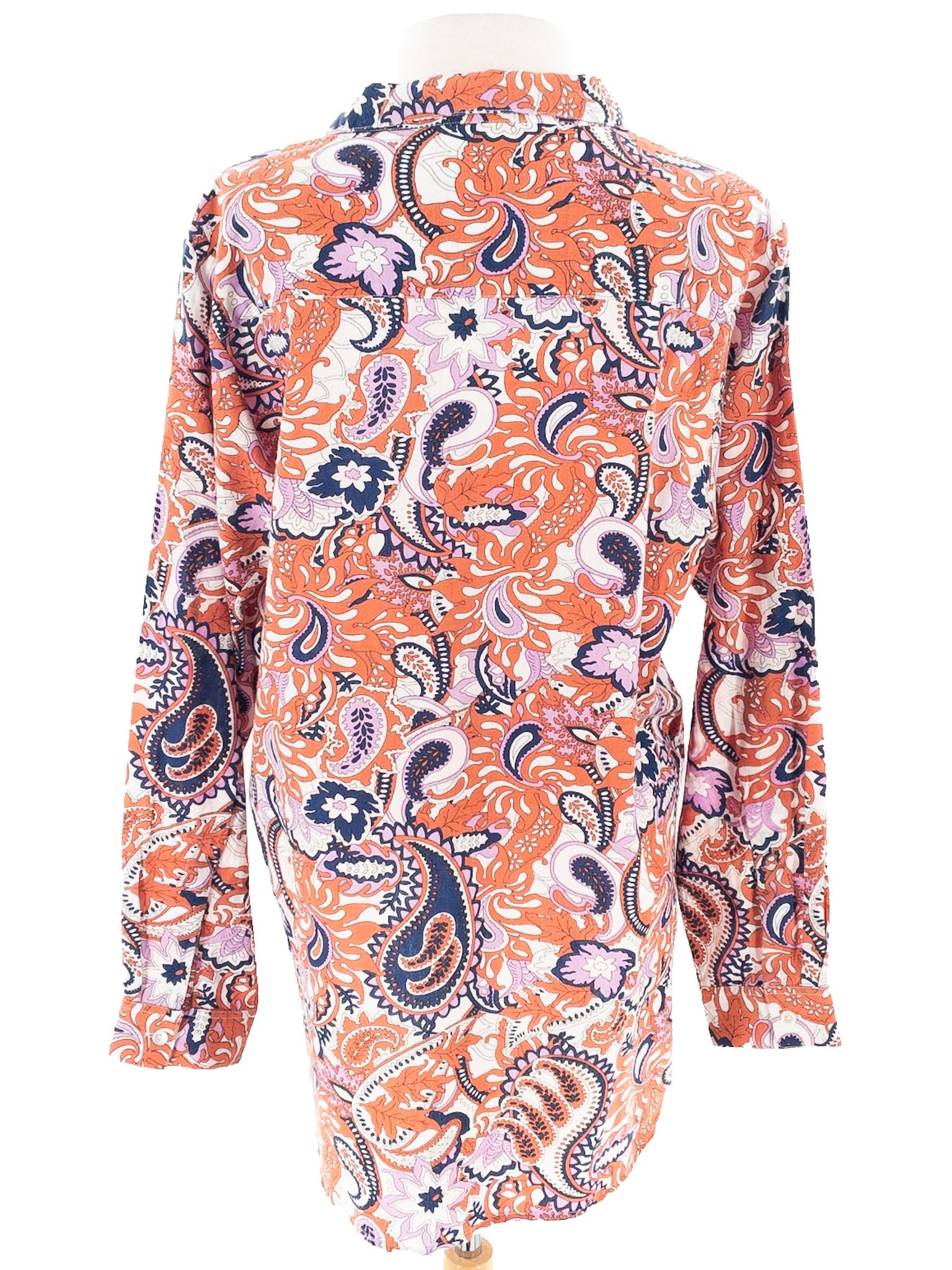 Mille Orange Navy Paisley Cotton Blend Long Sleeve Size S Blouse