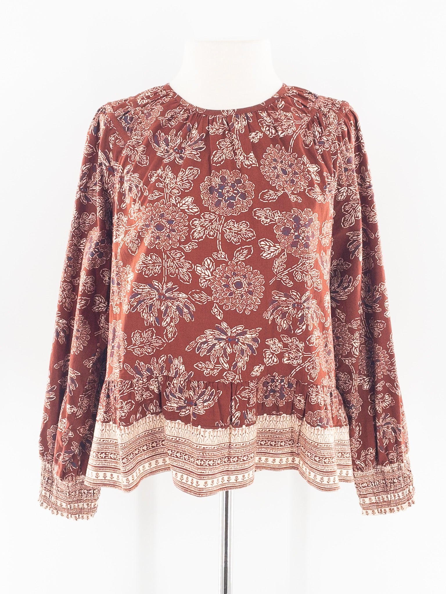 Veronica Beard Brick Cream Floral Cotton Blend Long Sleeve Size 8 Blouse