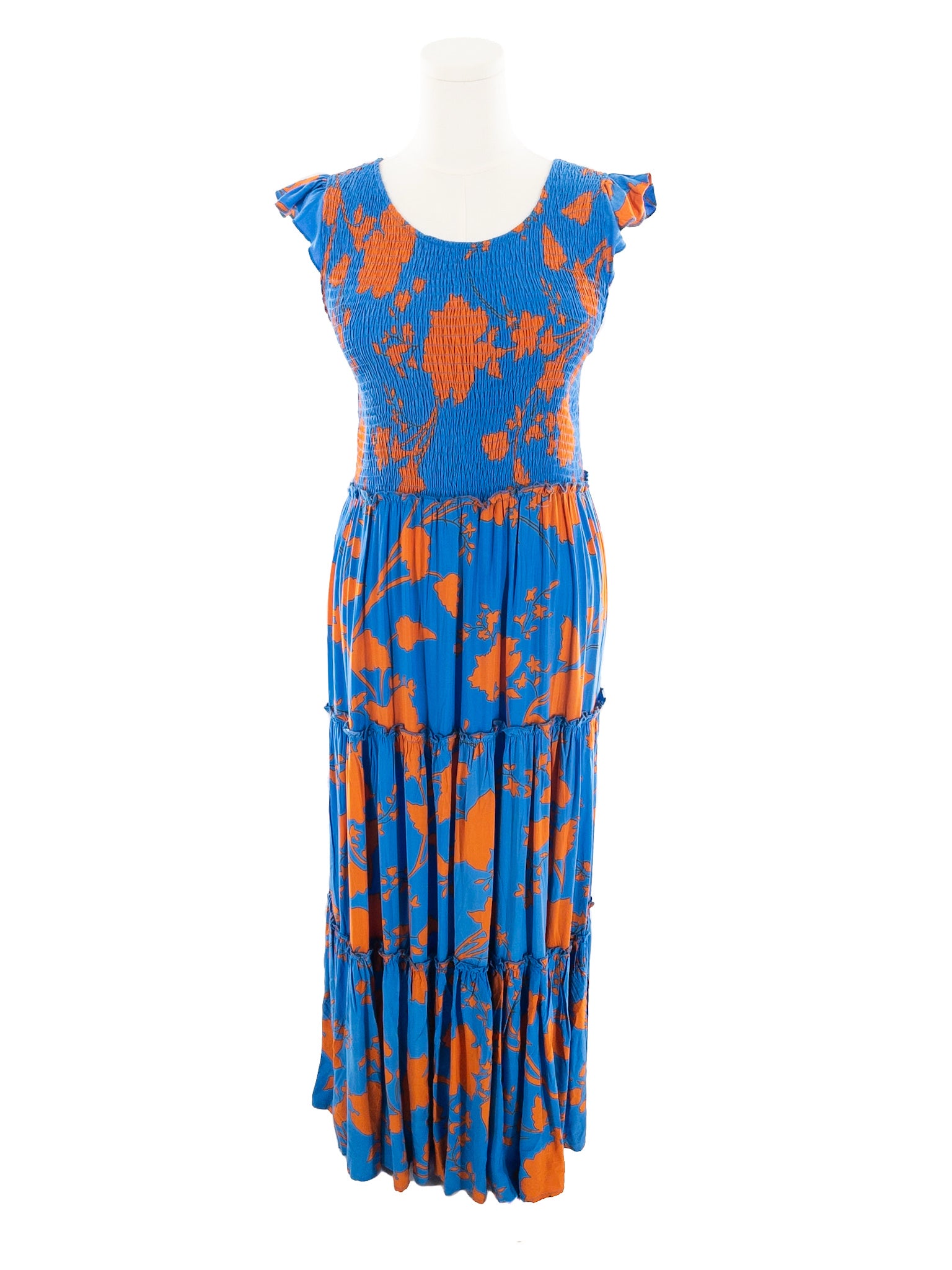 Able the Label Blue Orange Floral Rayon Cap Sleeve Size L Maxi